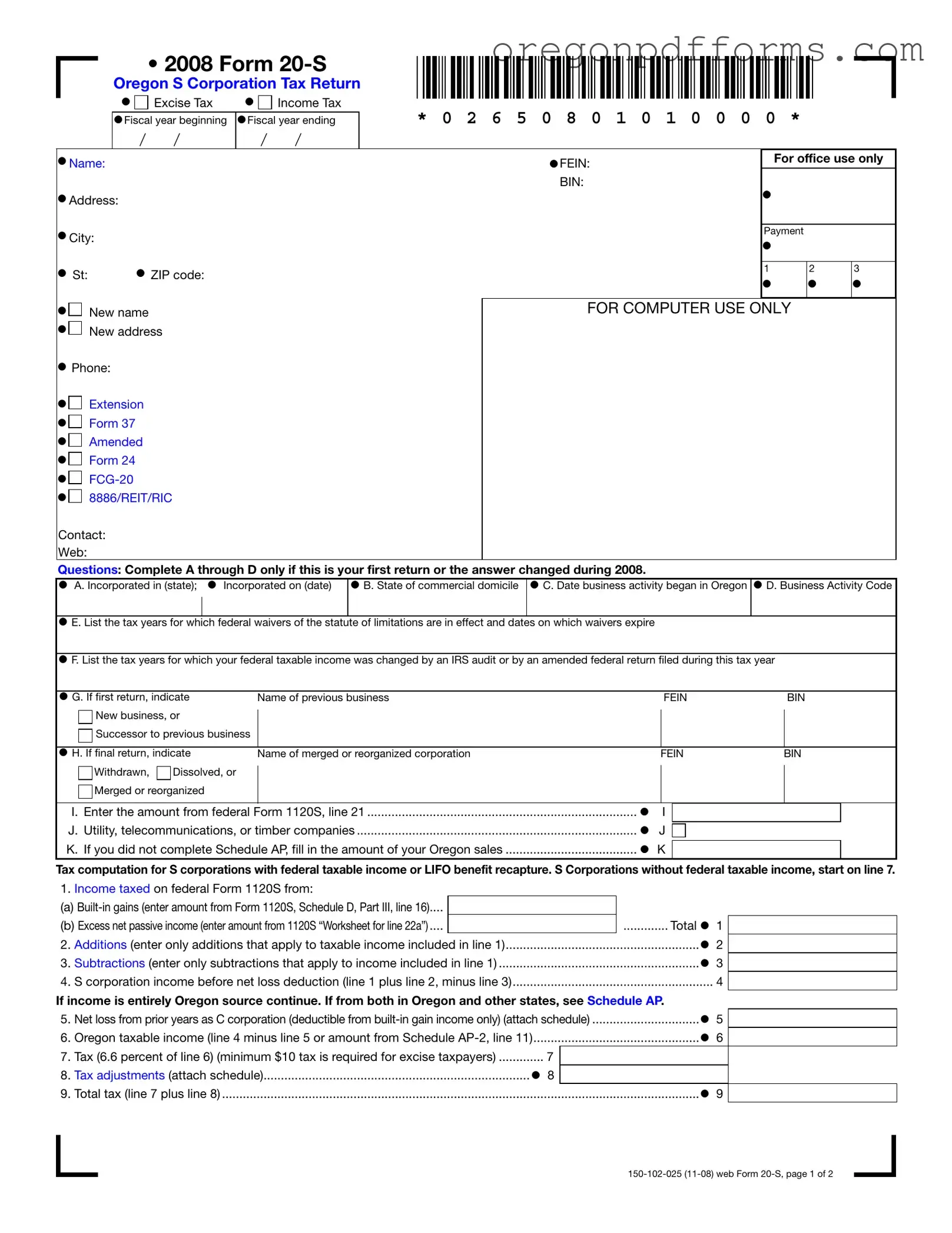Free Oregon 20 S Form