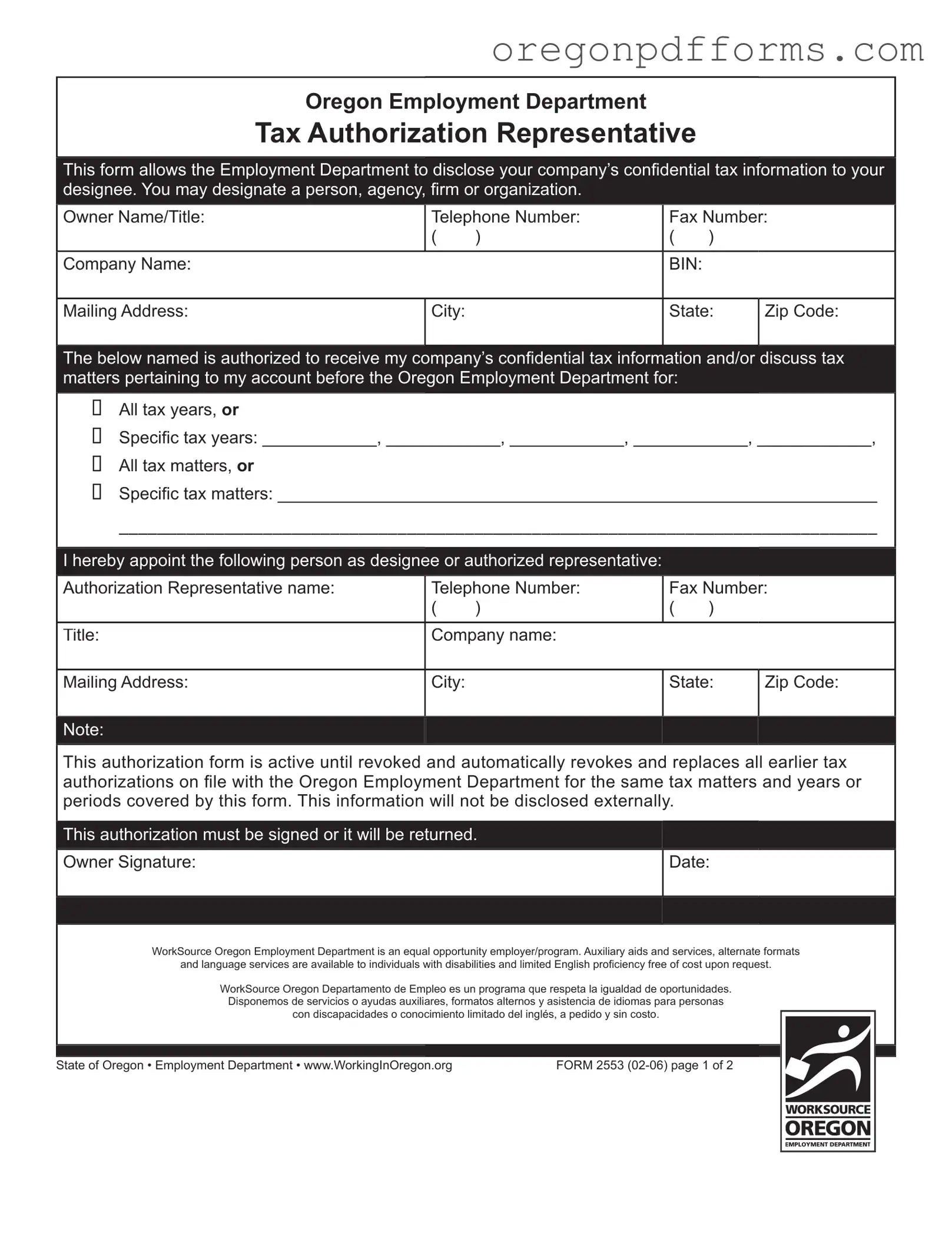 Free Oregon 2553 Form