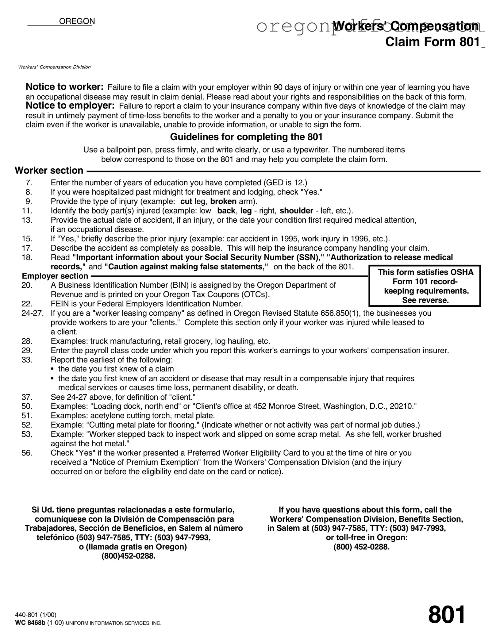 Free Oregon 801 Form