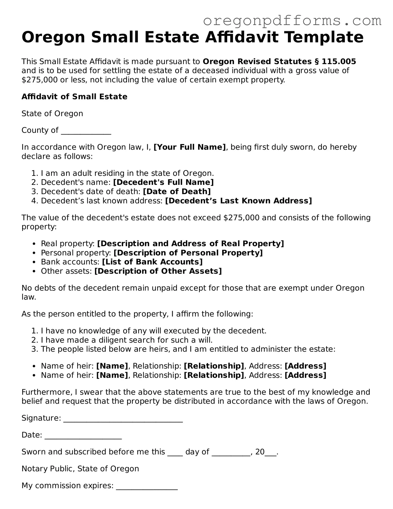 Valid  Small Estate Affidavit Document for Oregon