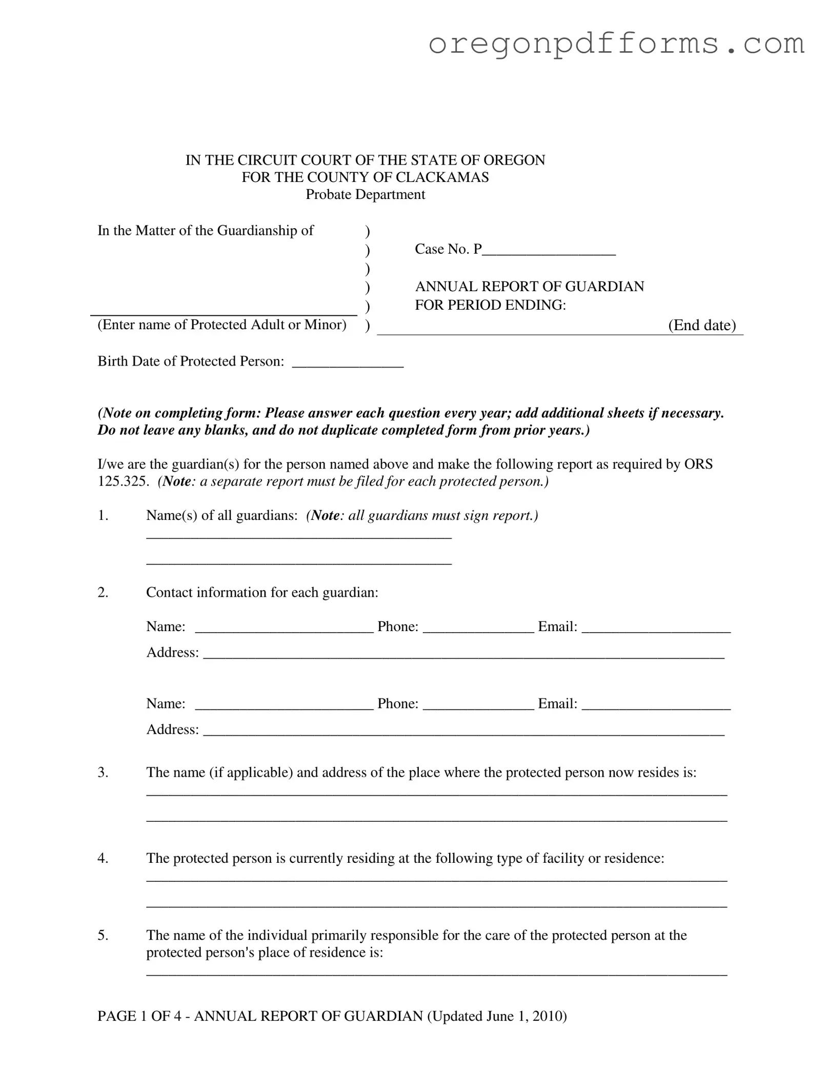 Free Oregon Annual Report Guardian Form