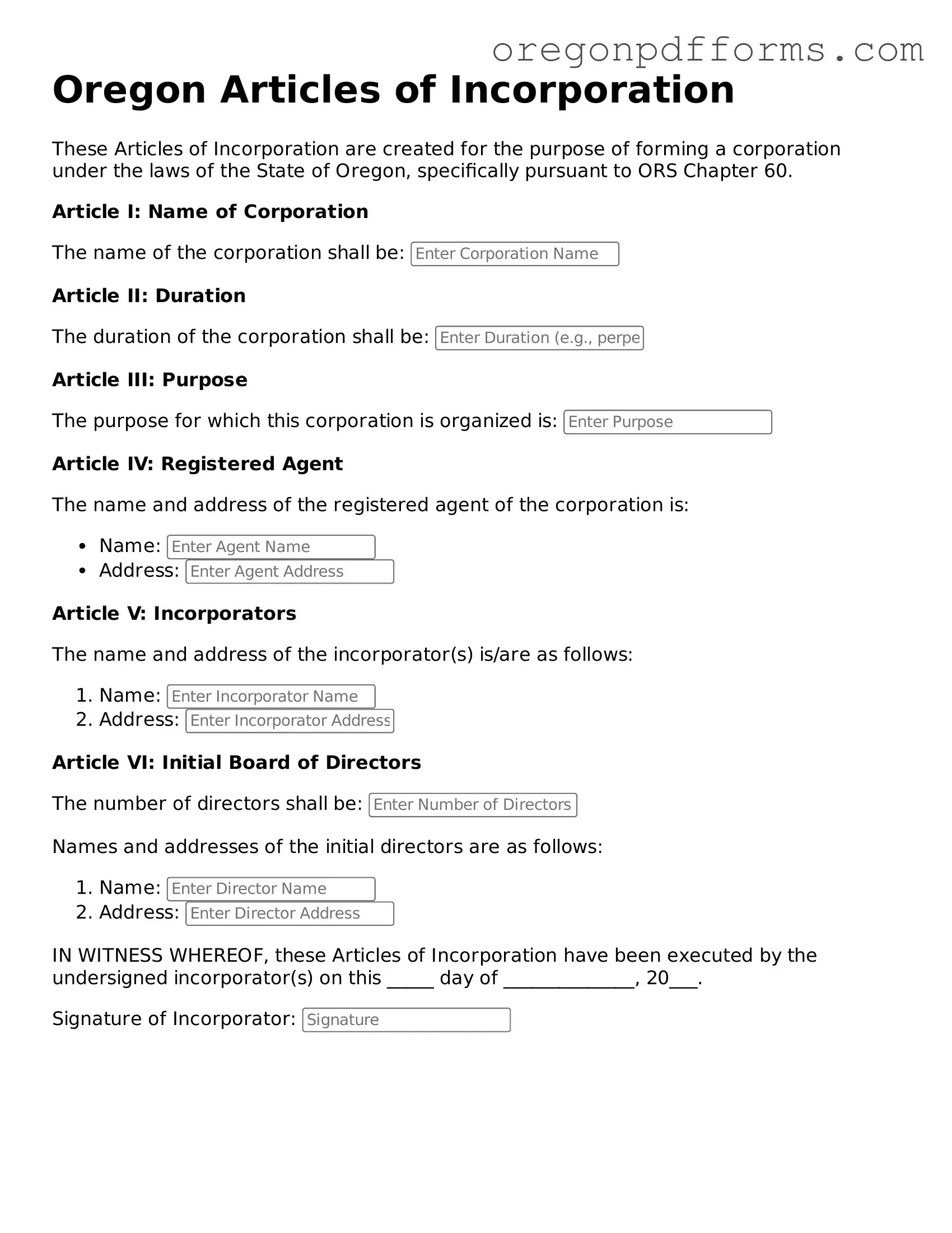 Valid  Articles of Incorporation Document for Oregon