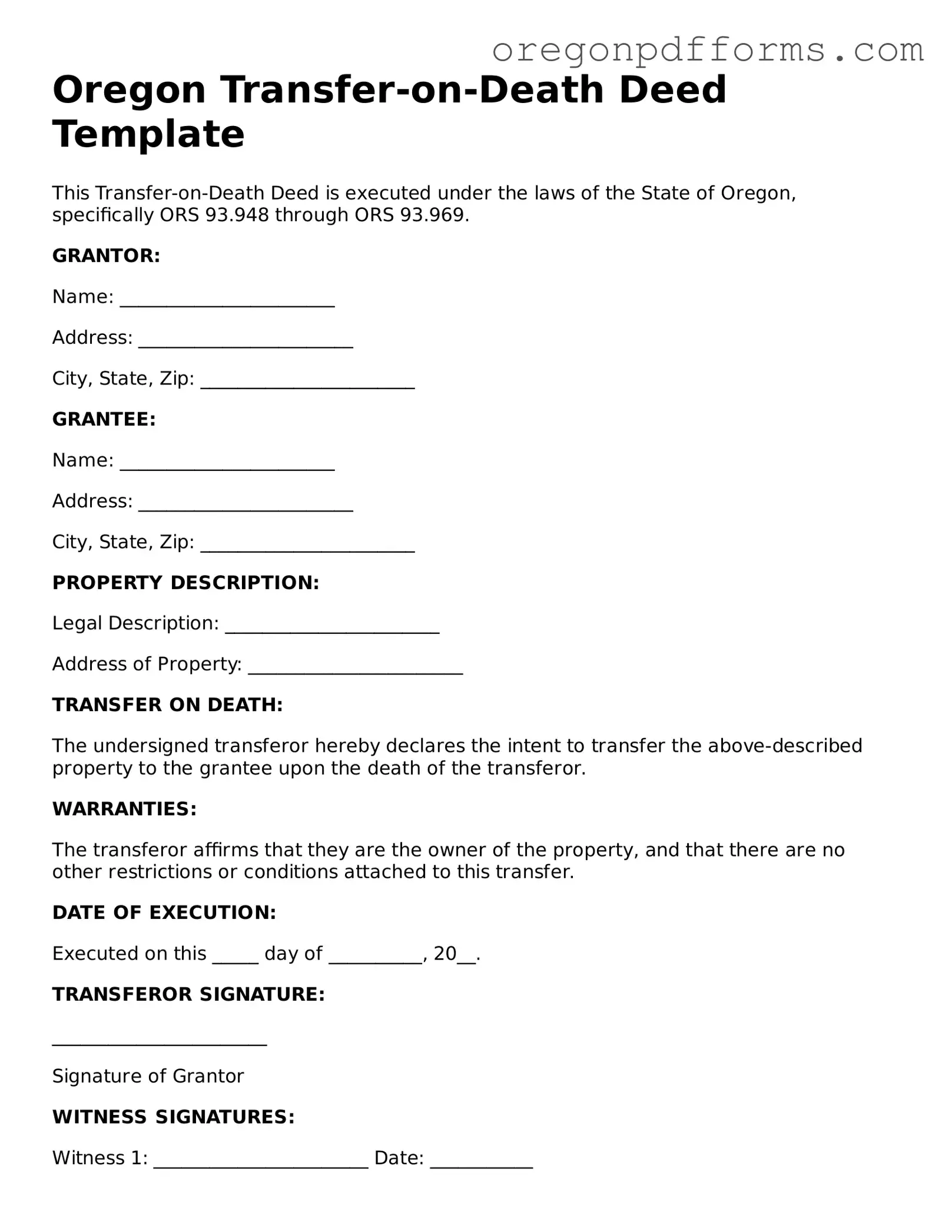 Valid  Transfer-on-Death Deed Document for Oregon