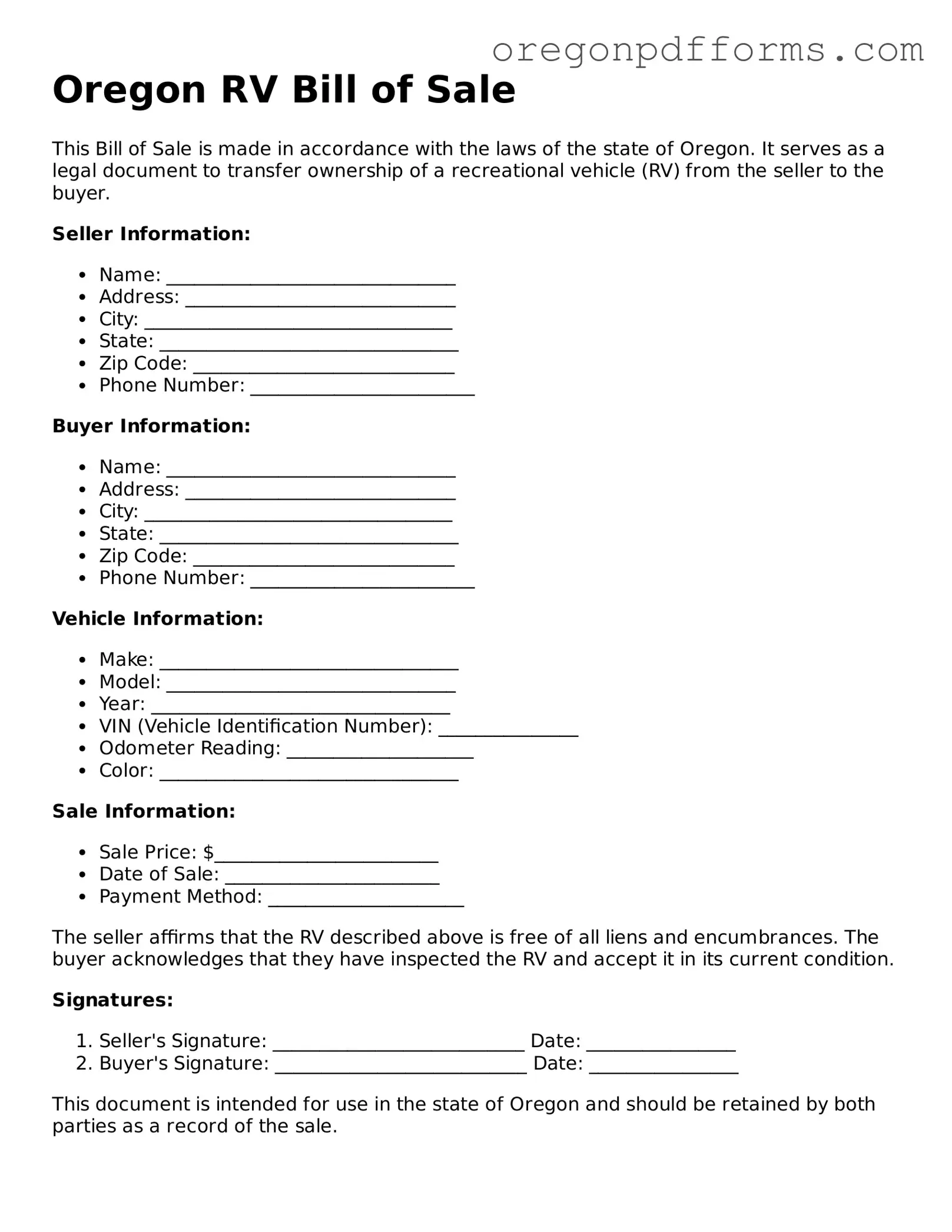 Valid  RV Bill of Sale Document for Oregon