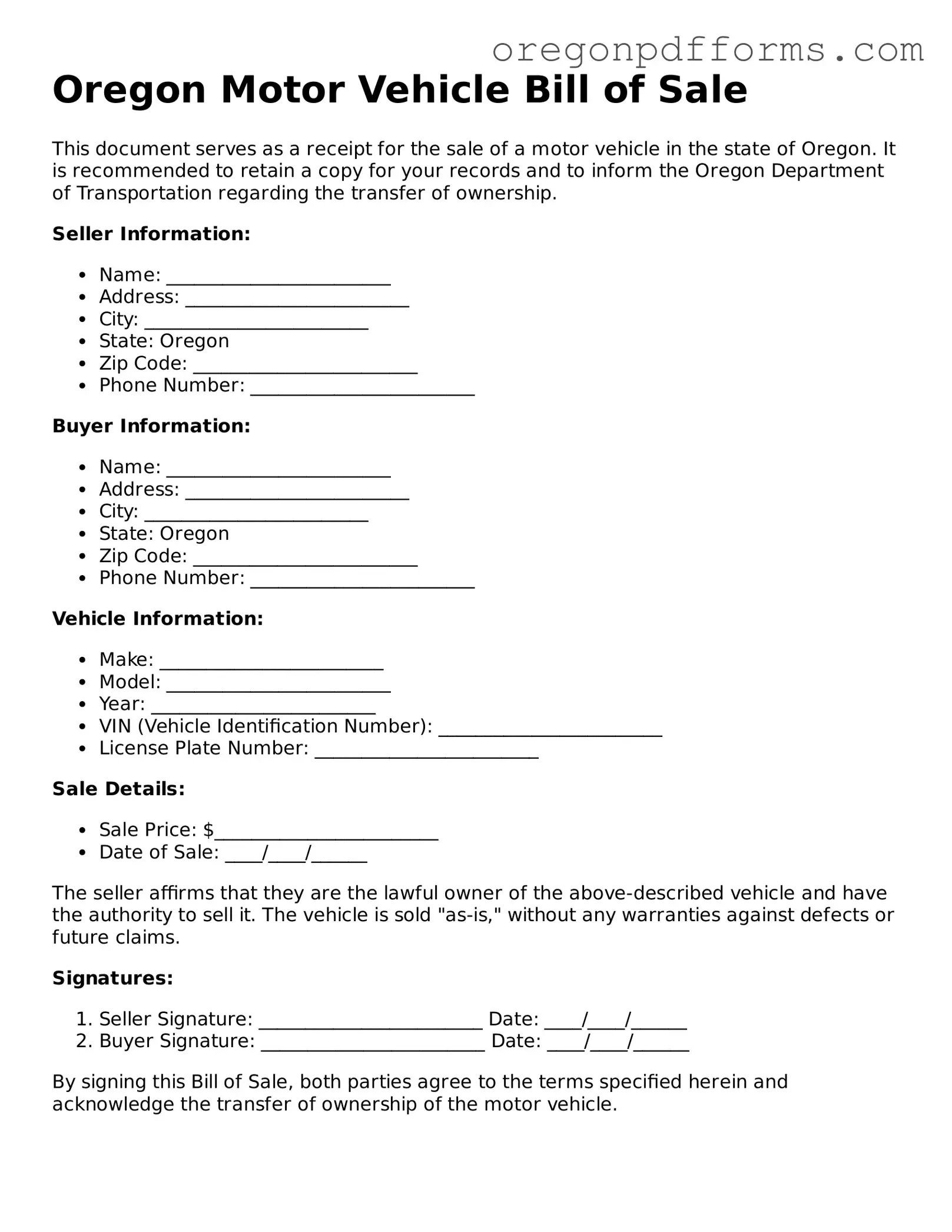 Valid  Motor Vehicle Bill of Sale Document for Oregon