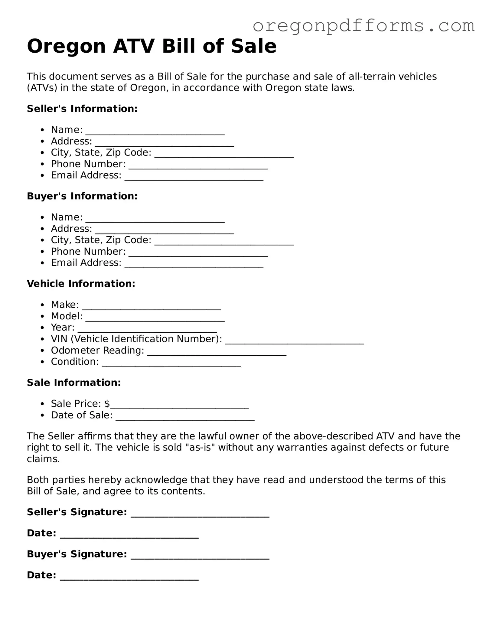 Valid  ATV Bill of Sale Document for Oregon