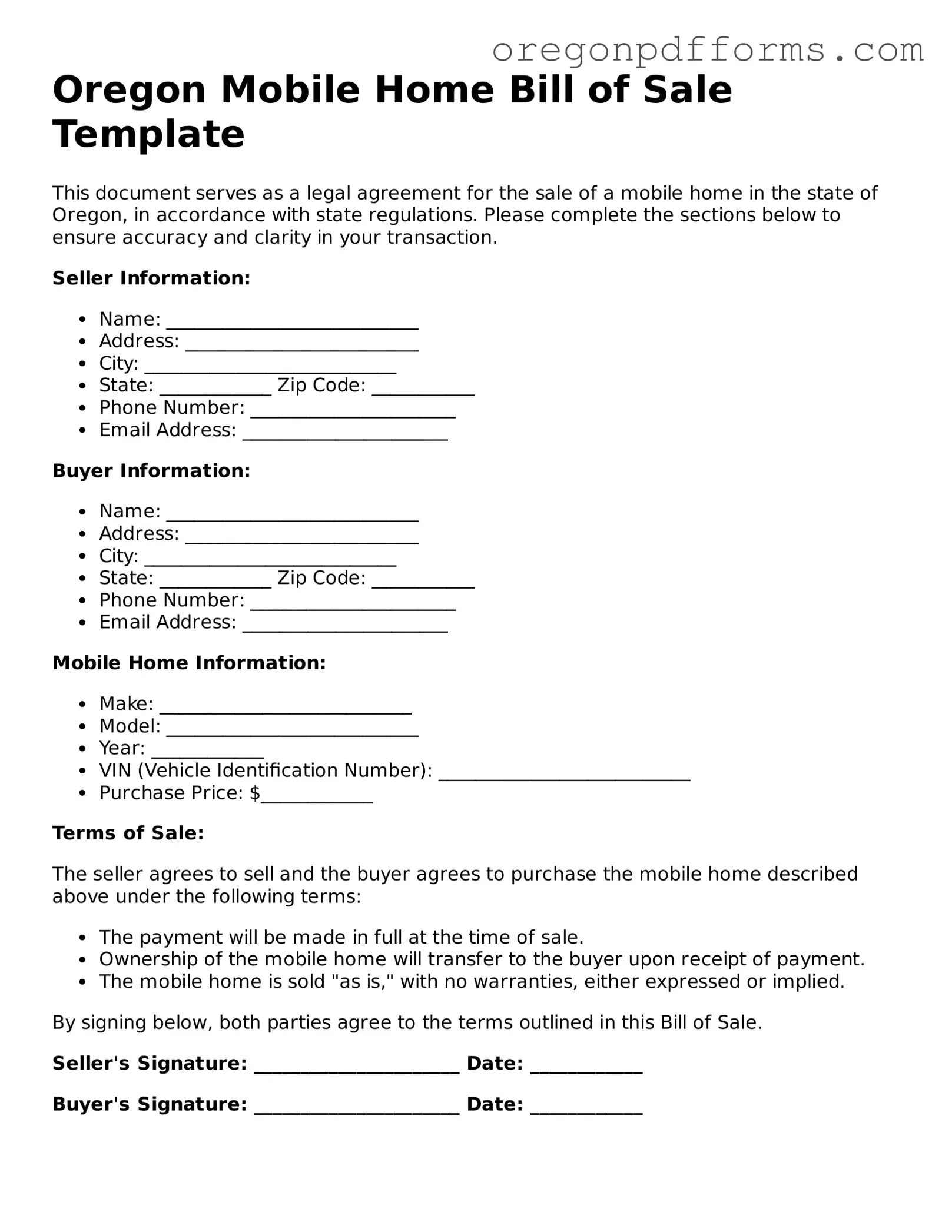 Valid  Mobile Home Bill of Sale Document for Oregon