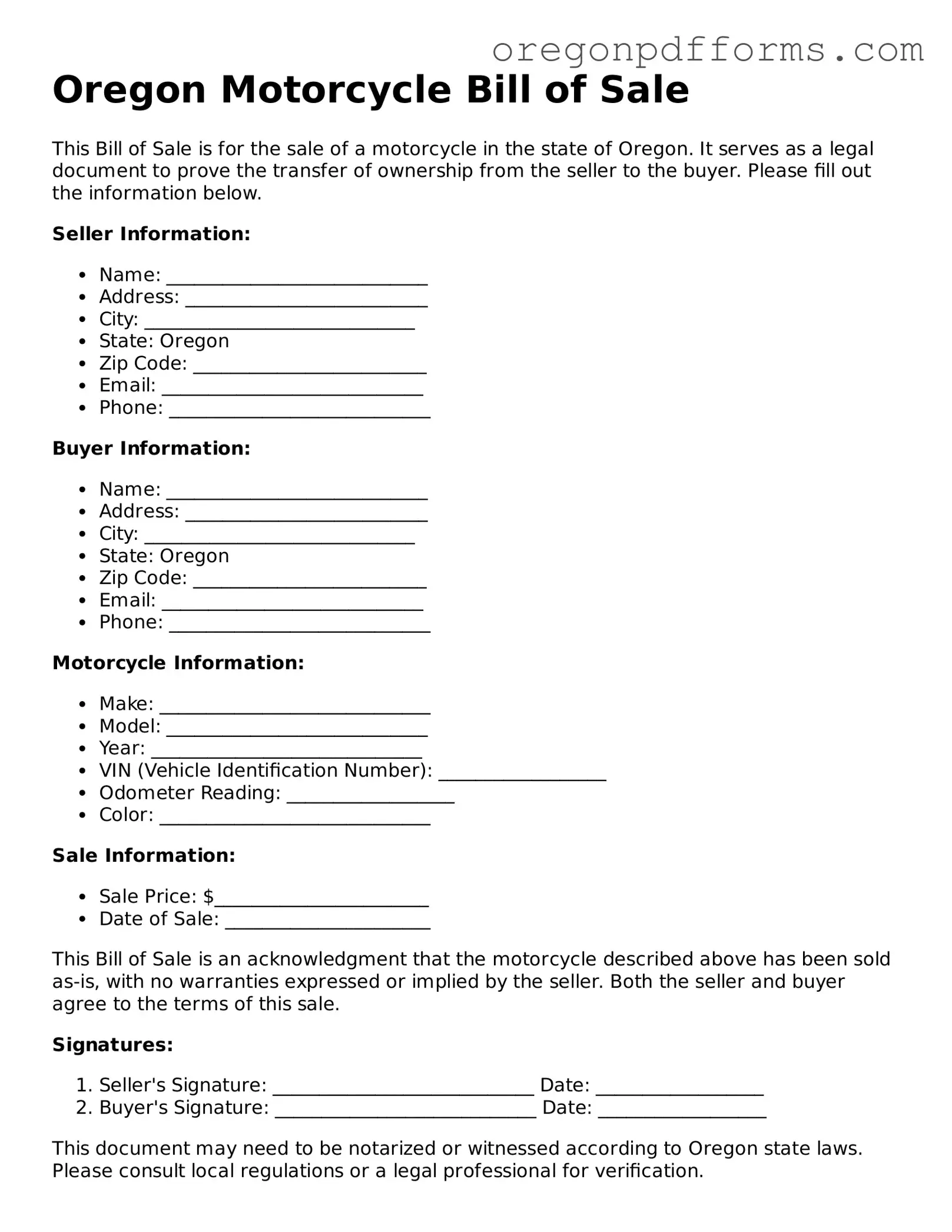 Valid  Motorcycle Bill of Sale Document for Oregon