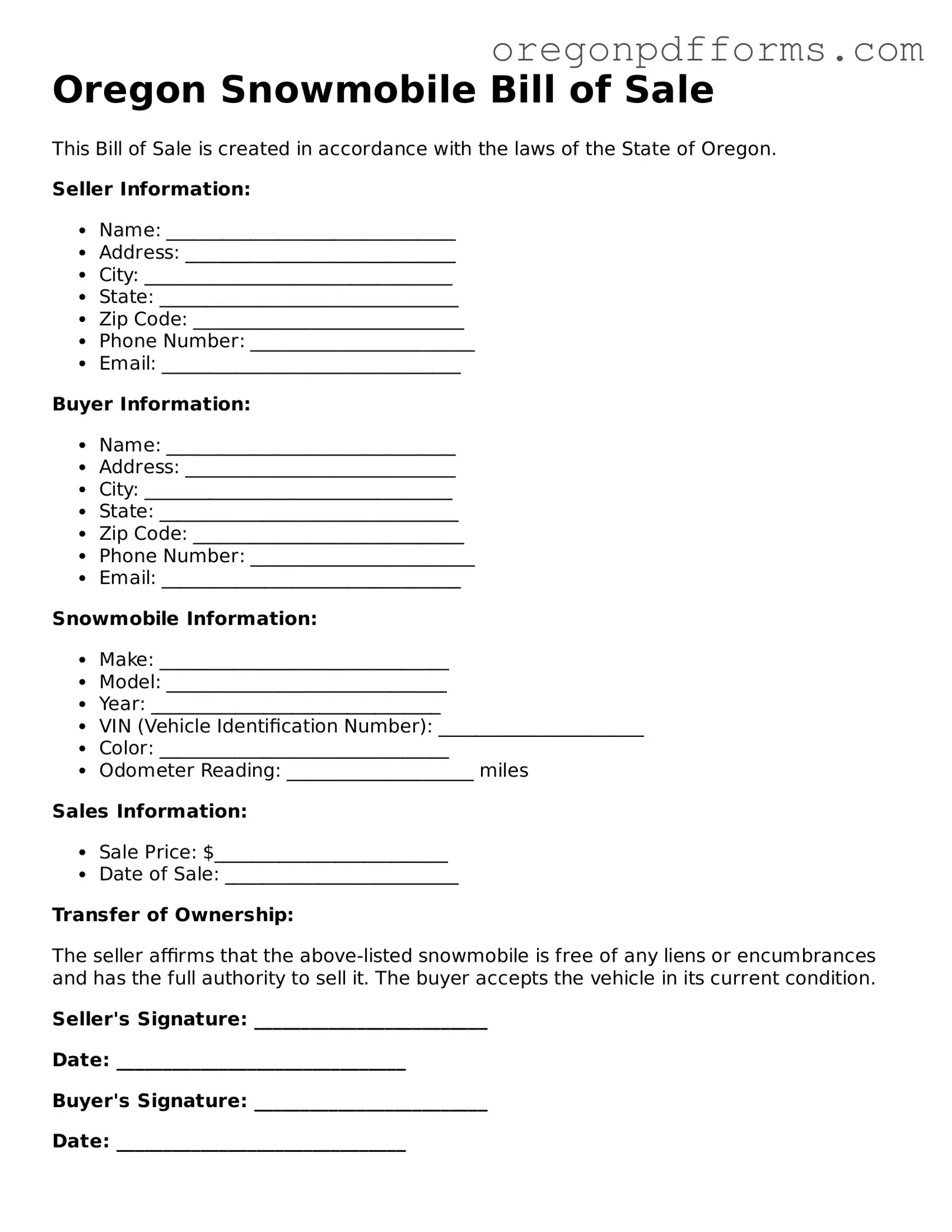 Valid Snowmobile Bill of Sale Document for Oregon