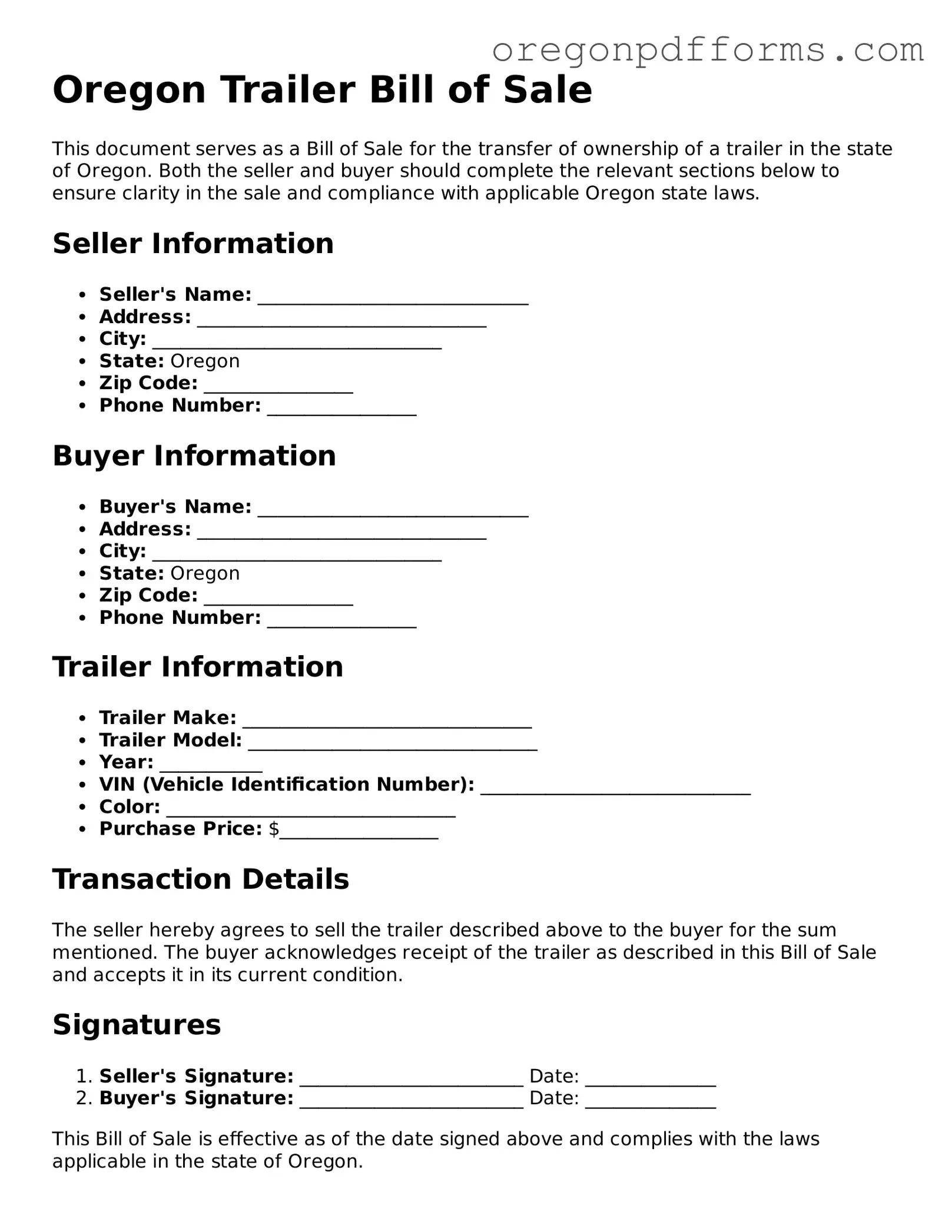 Valid Trailer Bill of Sale Document for Oregon