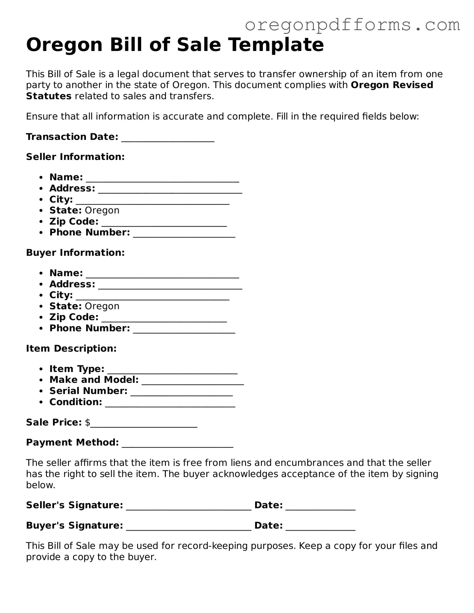 Valid  Bill of Sale Document for Oregon