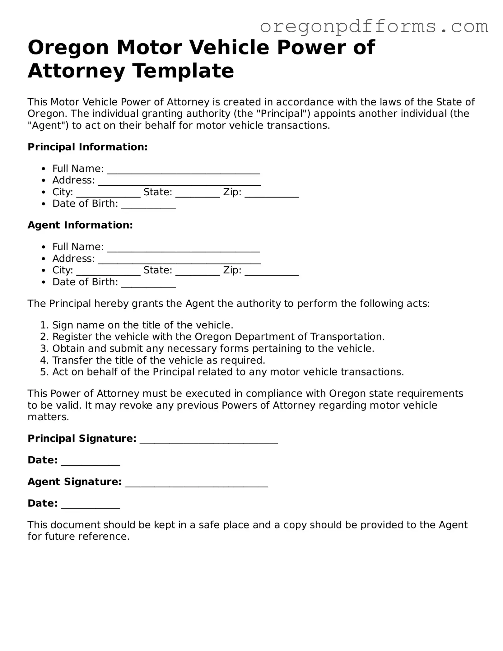 Valid  Motor Vehicle Power of Attorney Document for Oregon