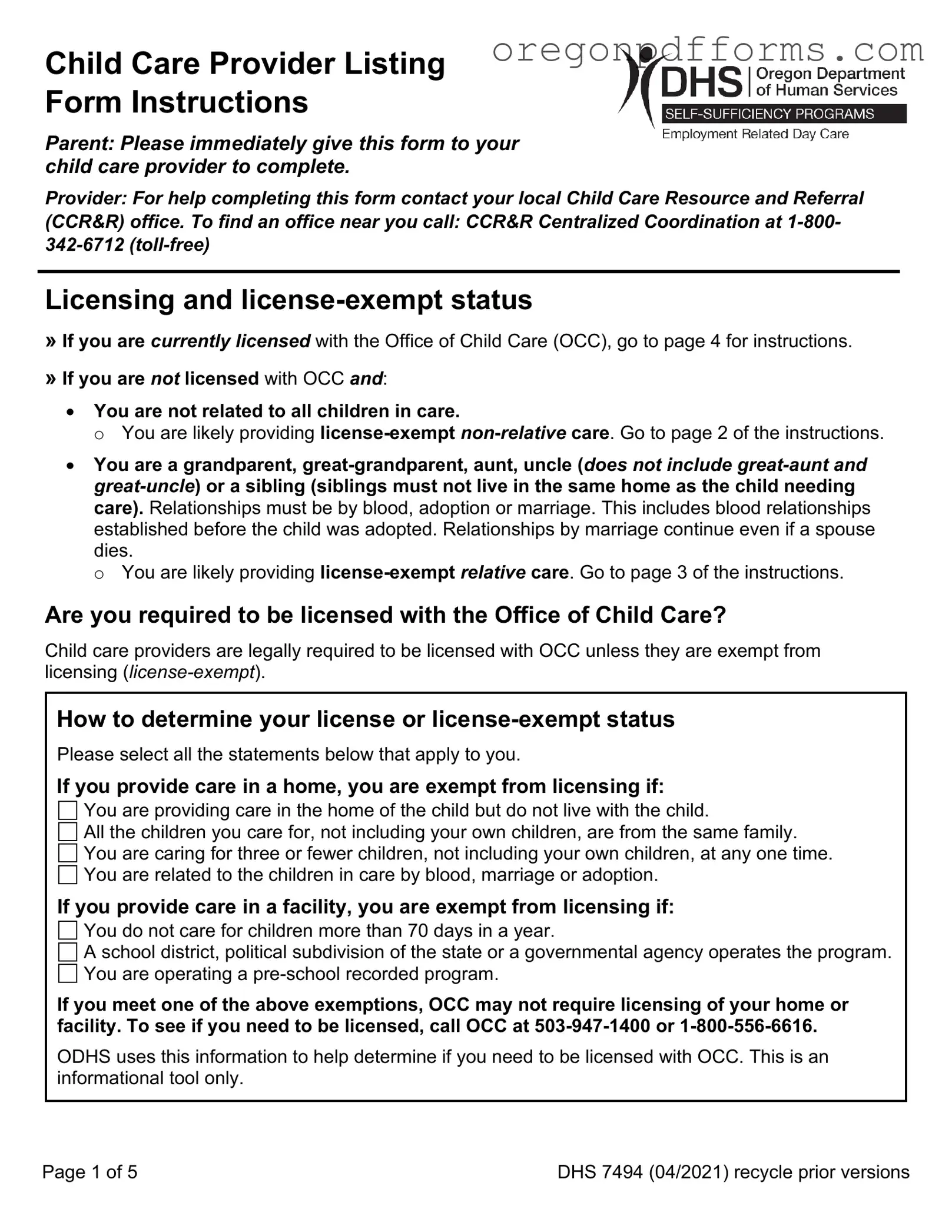 Free Oregon Dhs Child Care Provider Form