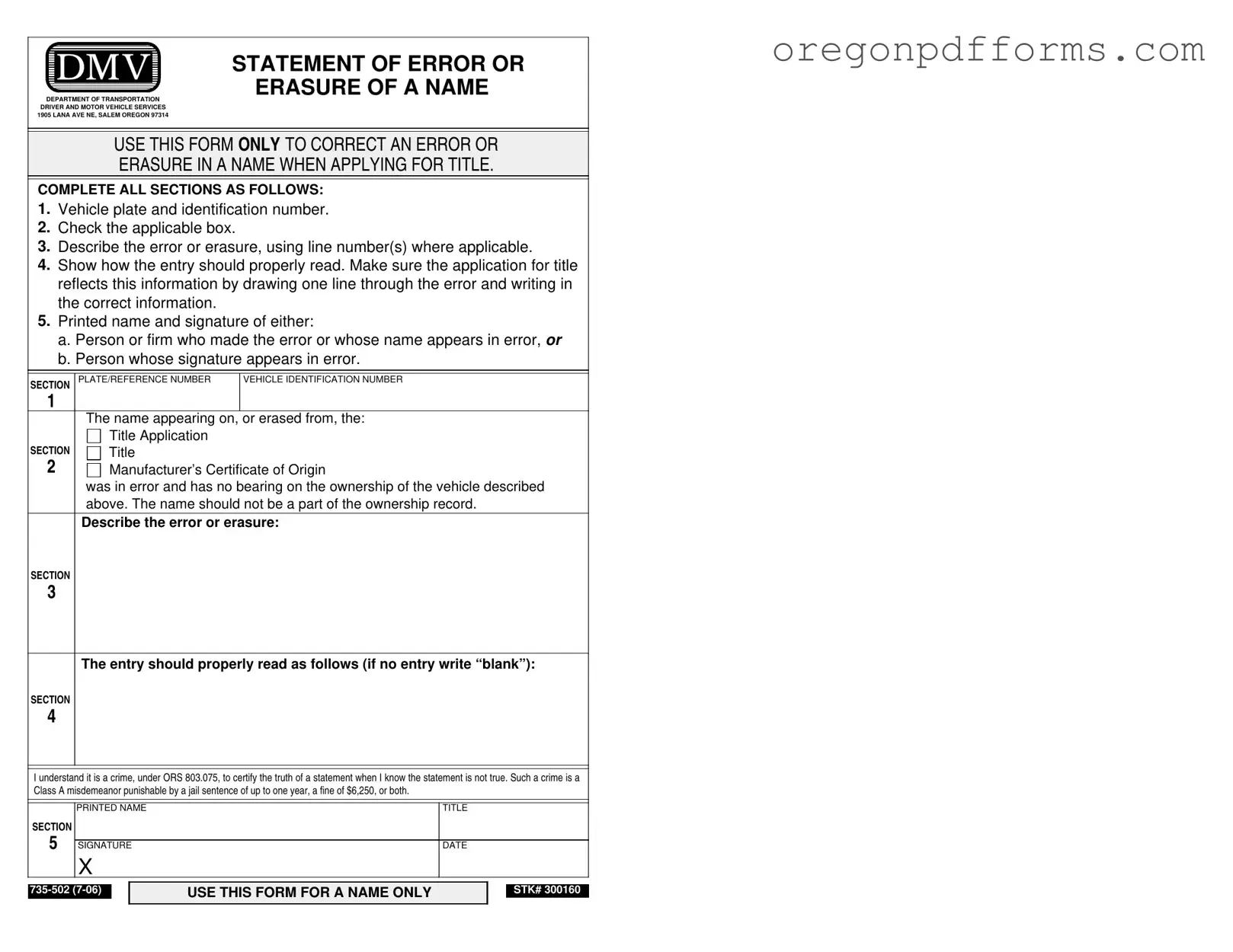 Free Oregon Dmv 735 502 Form