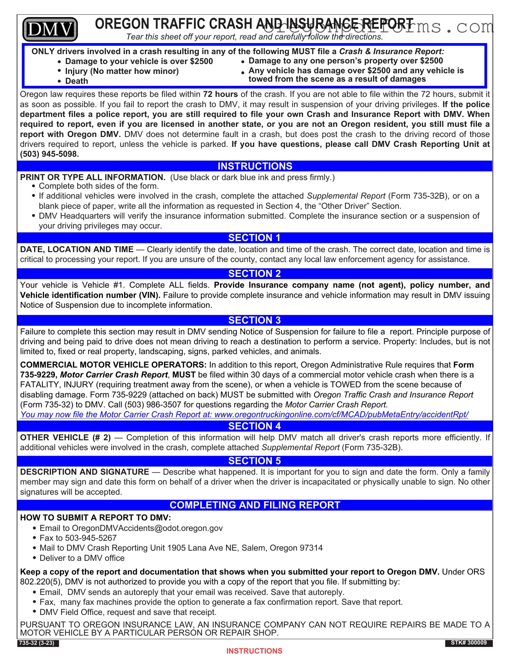 Free Oregon Dmv Accident Report Form