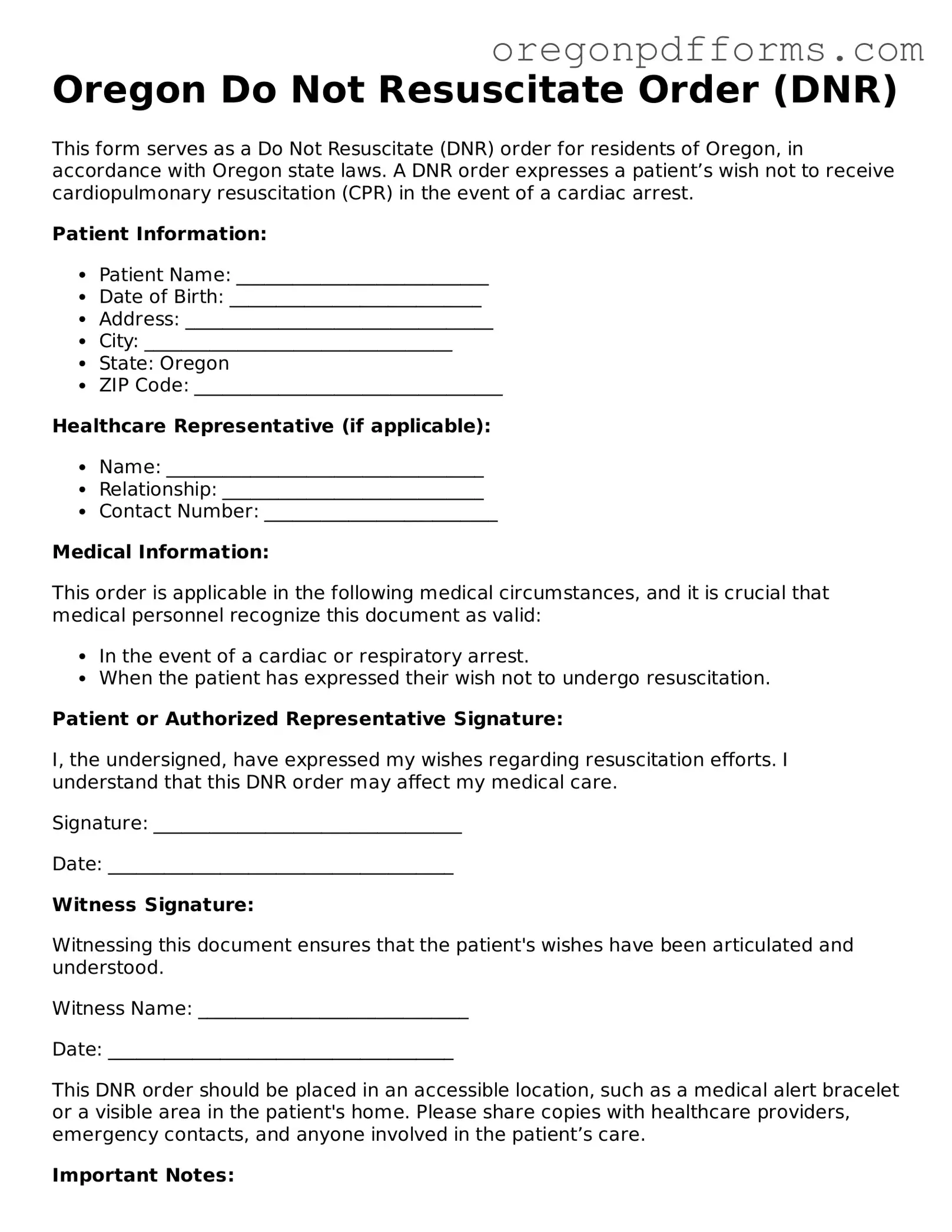 Valid  Do Not Resuscitate Order Document for Oregon