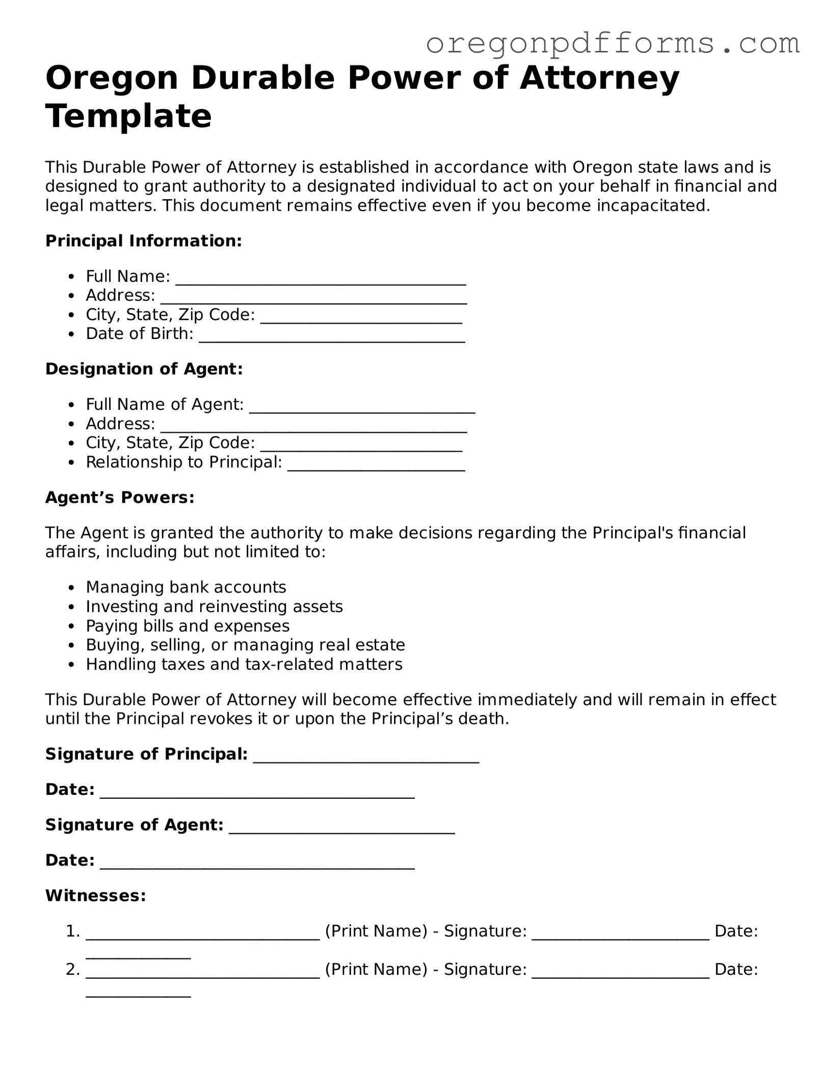 Valid  Durable Power of Attorney Document for Oregon