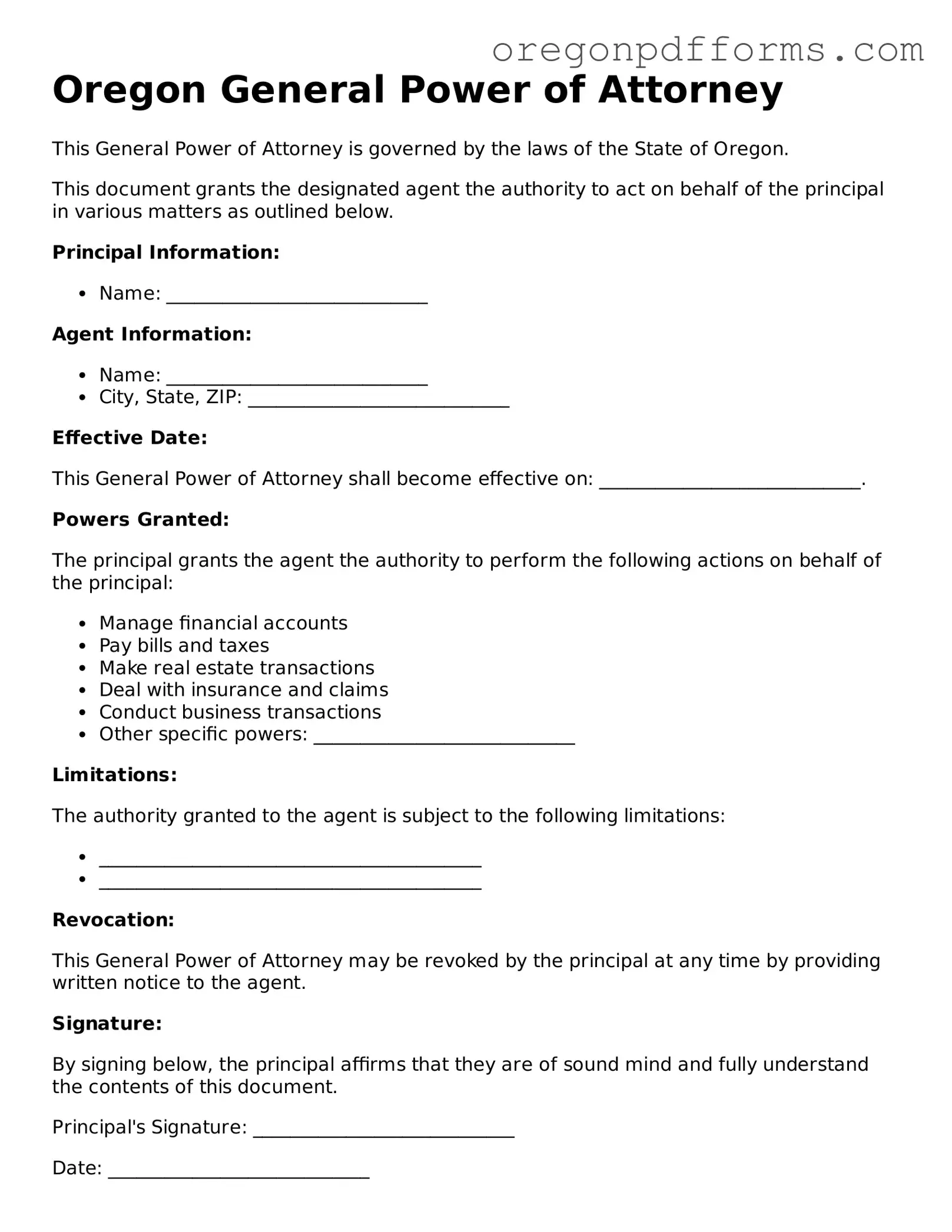 Valid  General Power of Attorney Document for Oregon