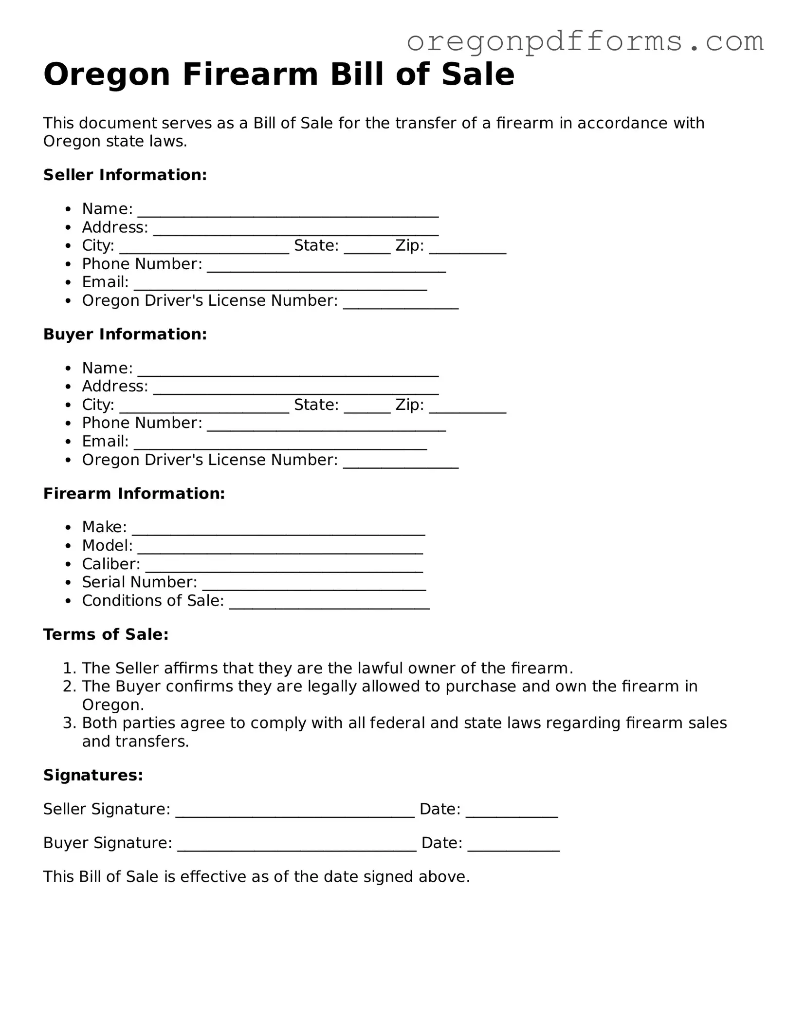 Valid  Firearm Bill of Sale Document for Oregon