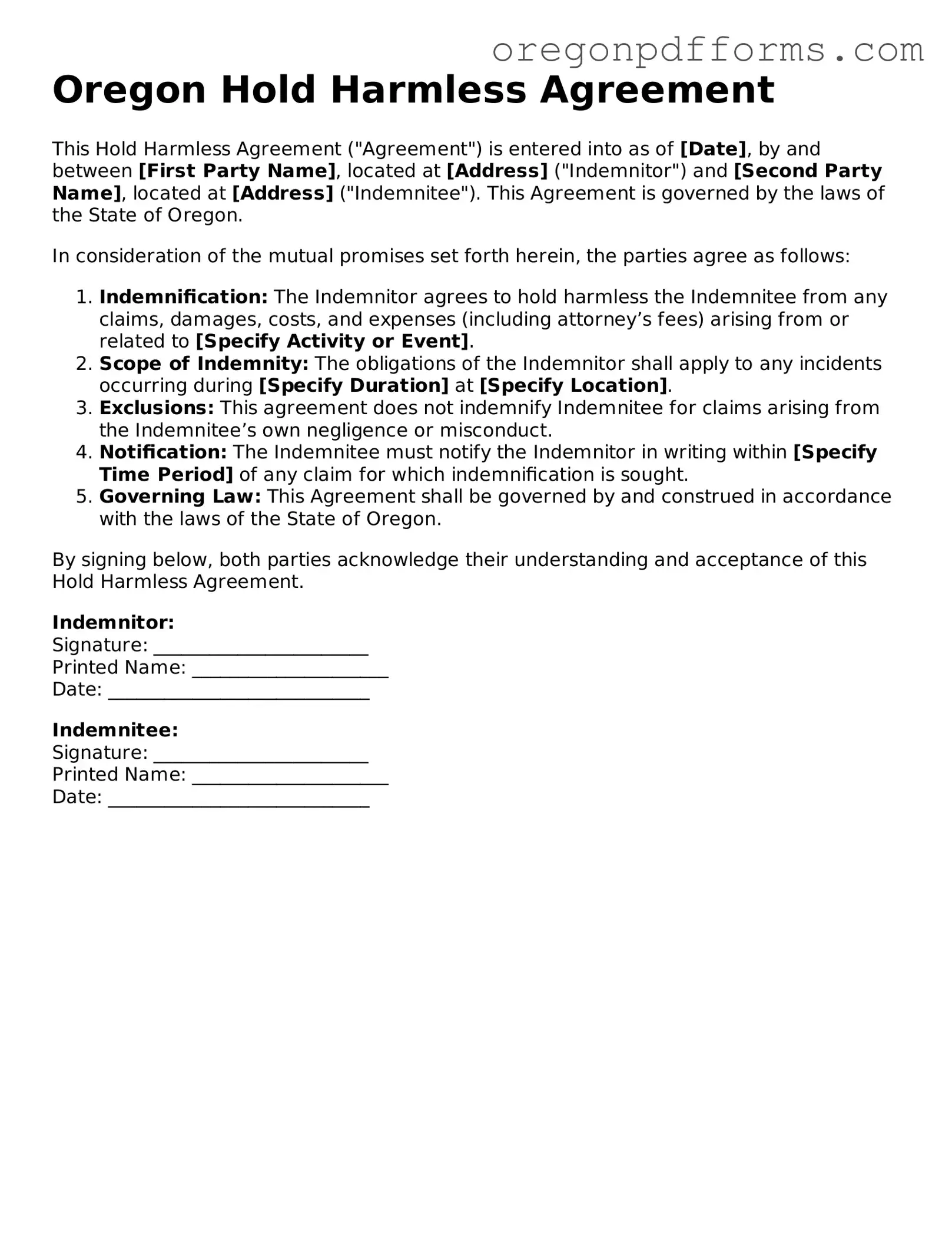 Valid  Hold Harmless Agreement Document for Oregon