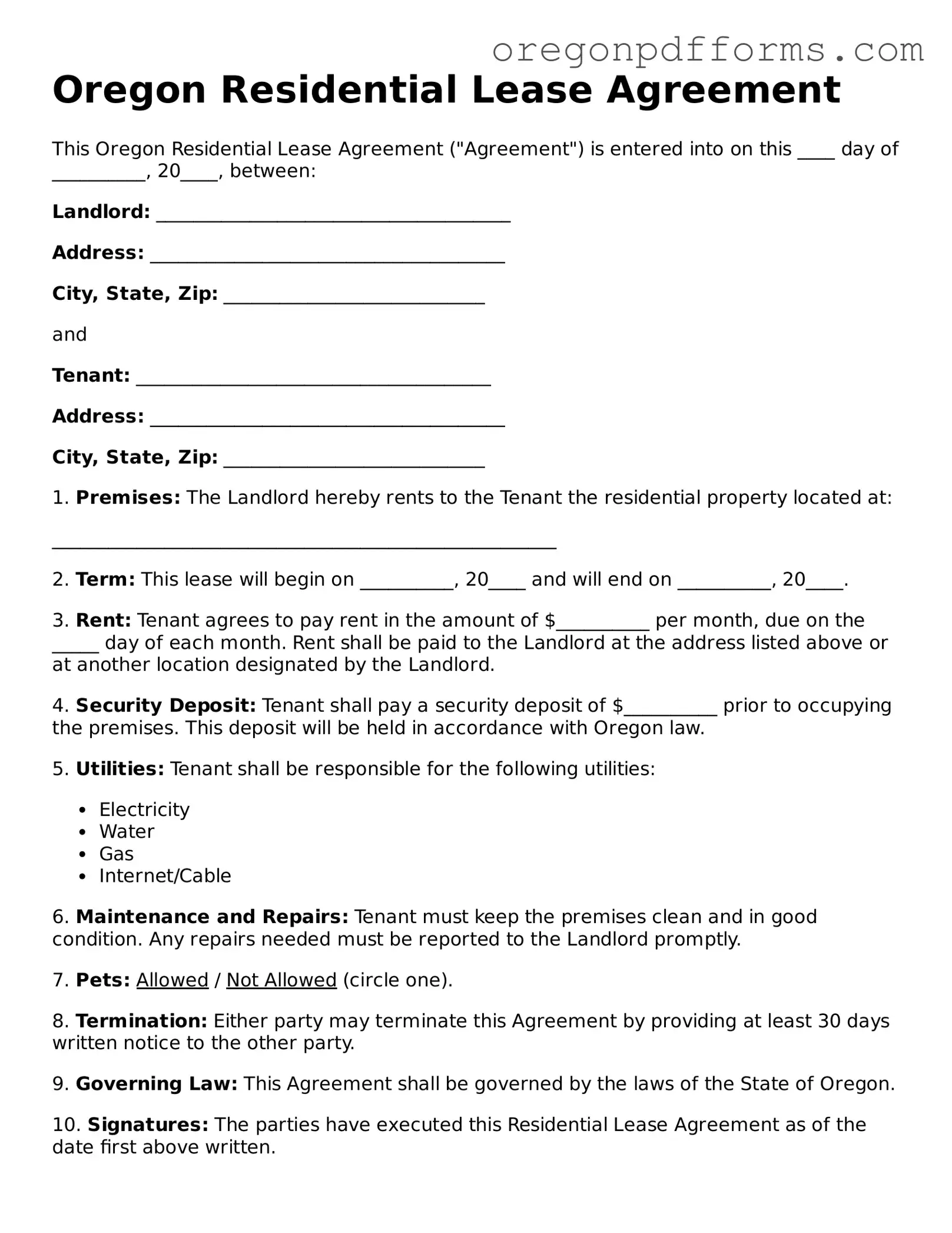 Valid Residential Lease Agreement Document for Oregon