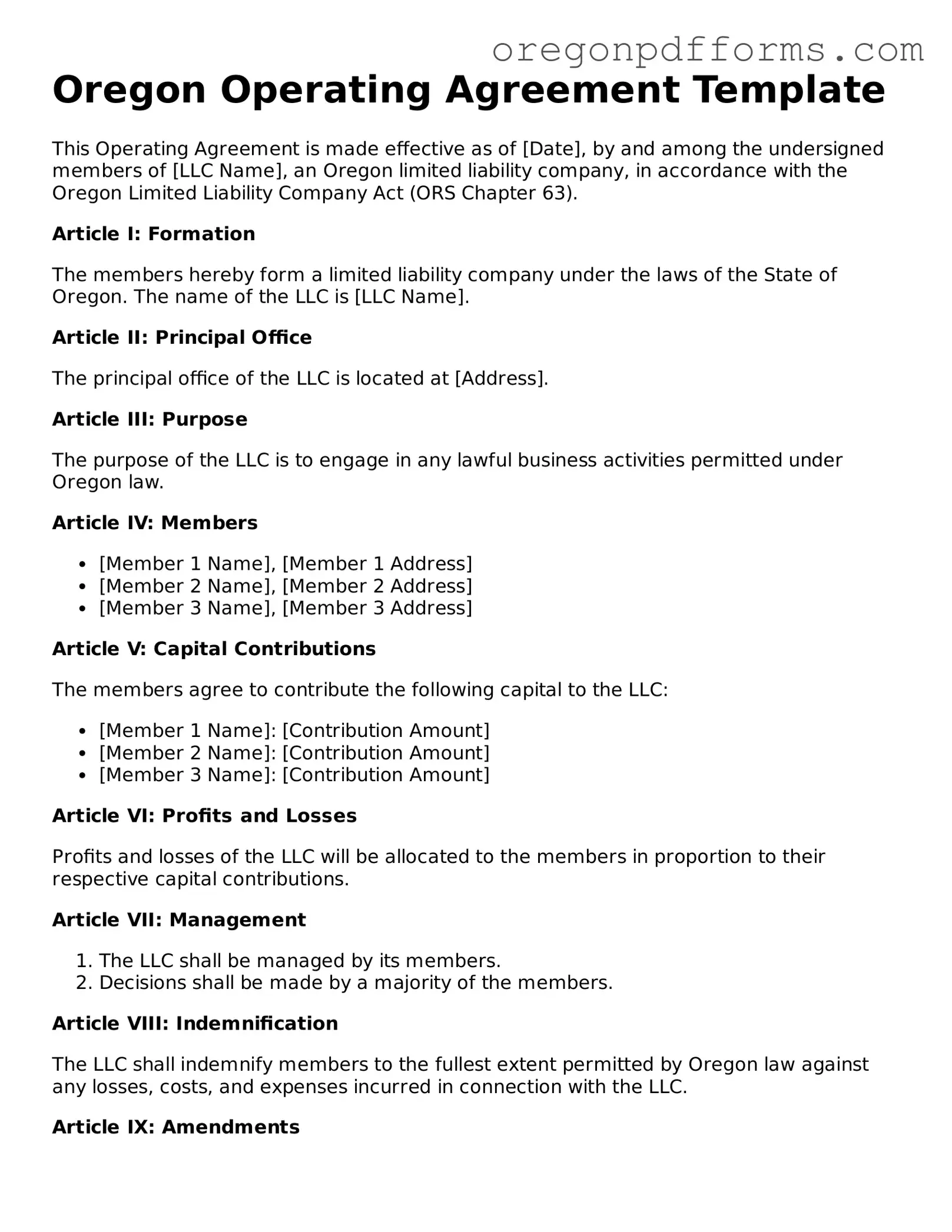 Valid Operating Agreement Document for Oregon