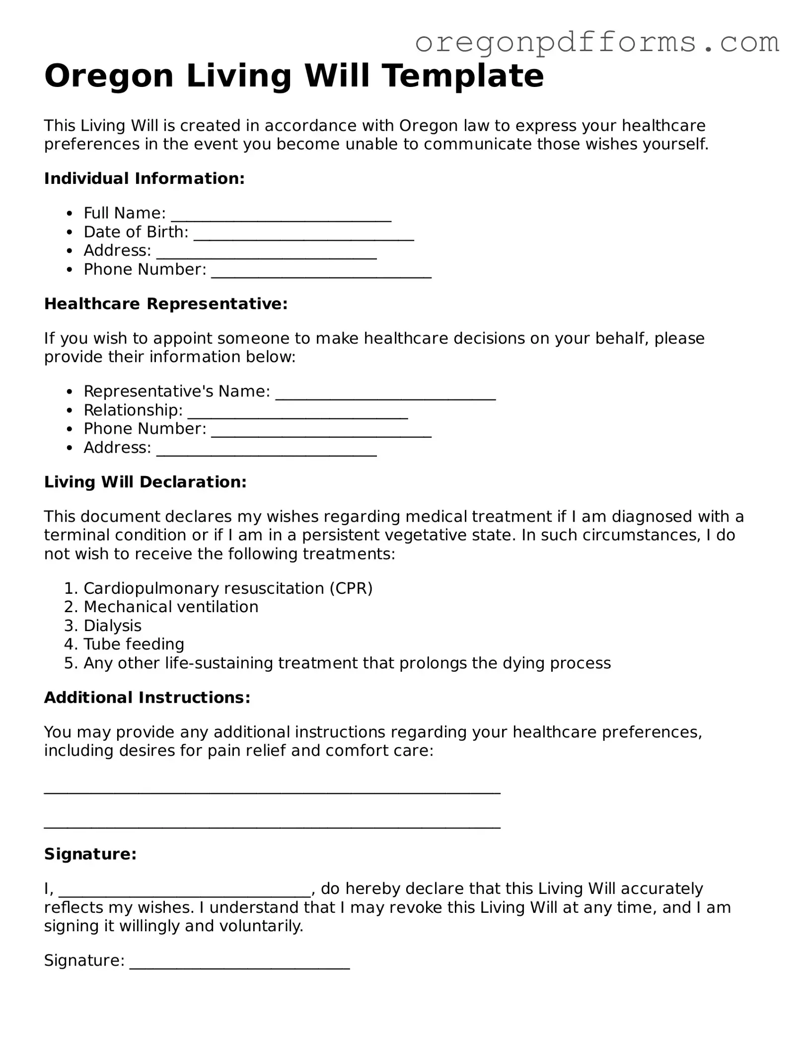 Valid Living Will Document for Oregon