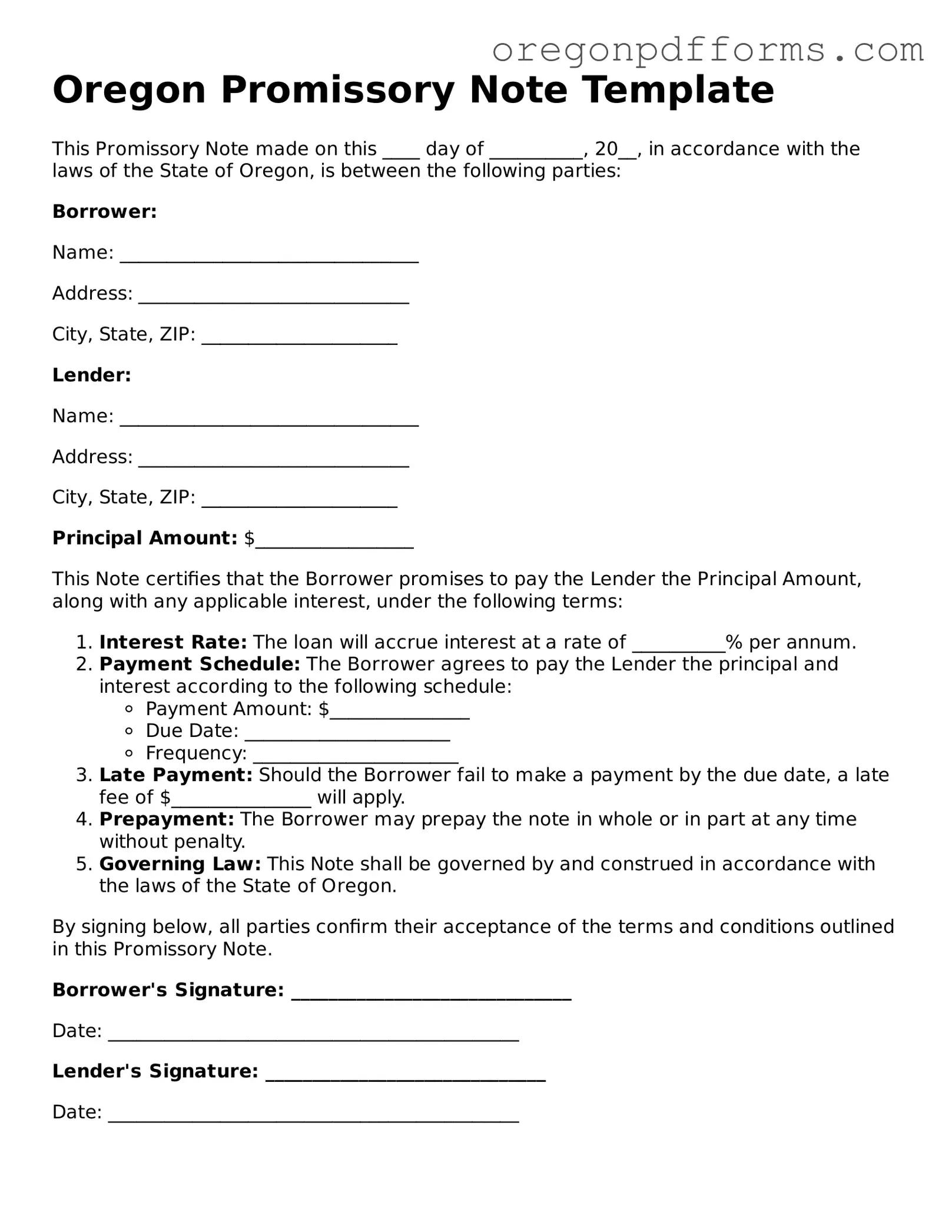 Valid  Promissory Note Document for Oregon