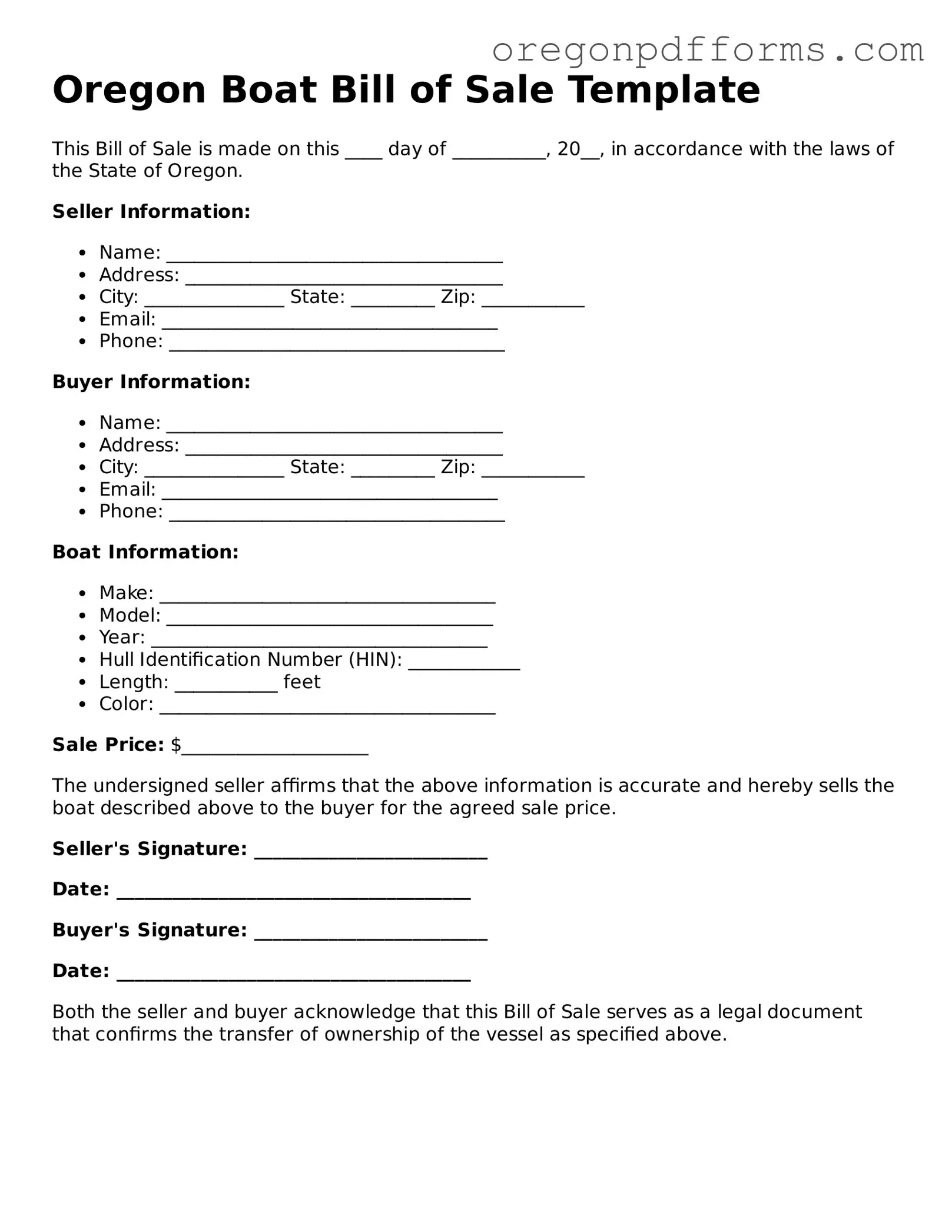 Valid  Boat Bill of Sale Document for Oregon