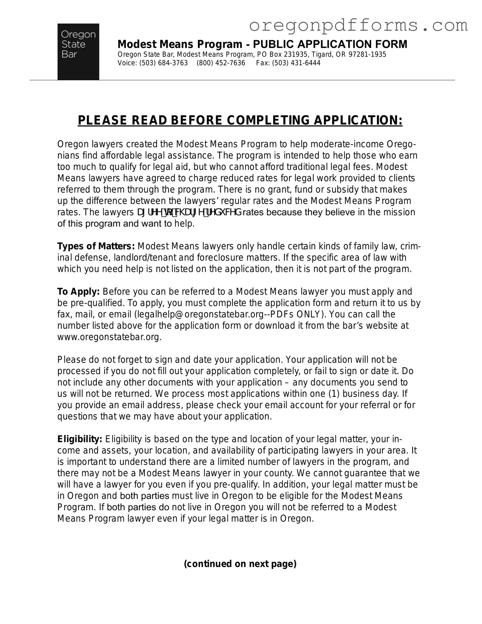 Free Oregon Modest Means Program Form
