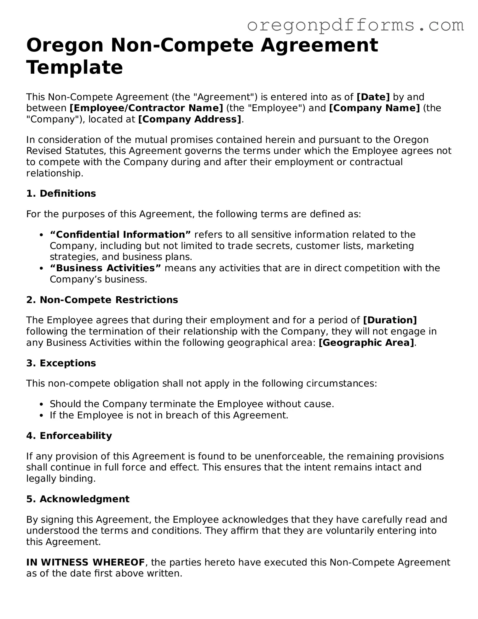 Valid  Non-compete Agreement Document for Oregon