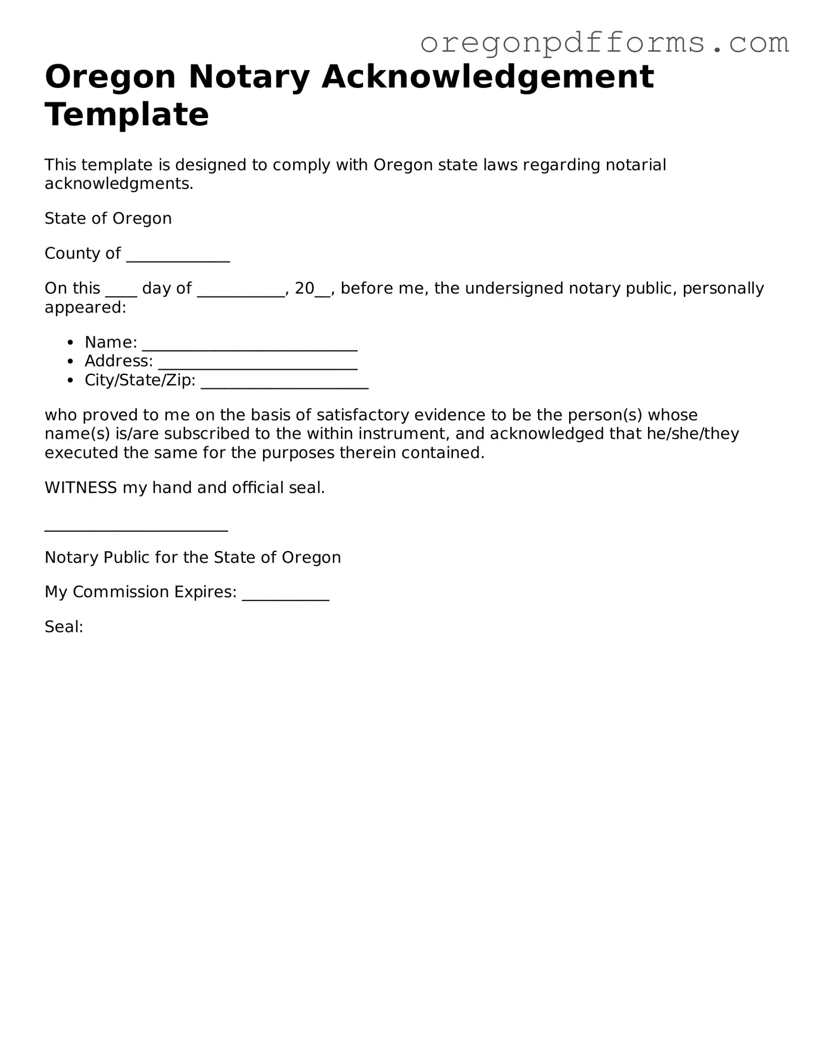 Valid  Notary Acknowledgement Document for Oregon
