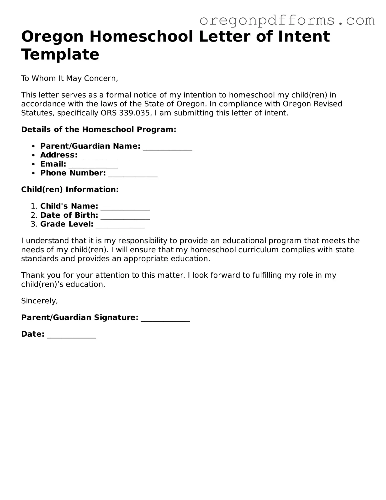 Valid  Homeschool Letter of Intent Document for Oregon