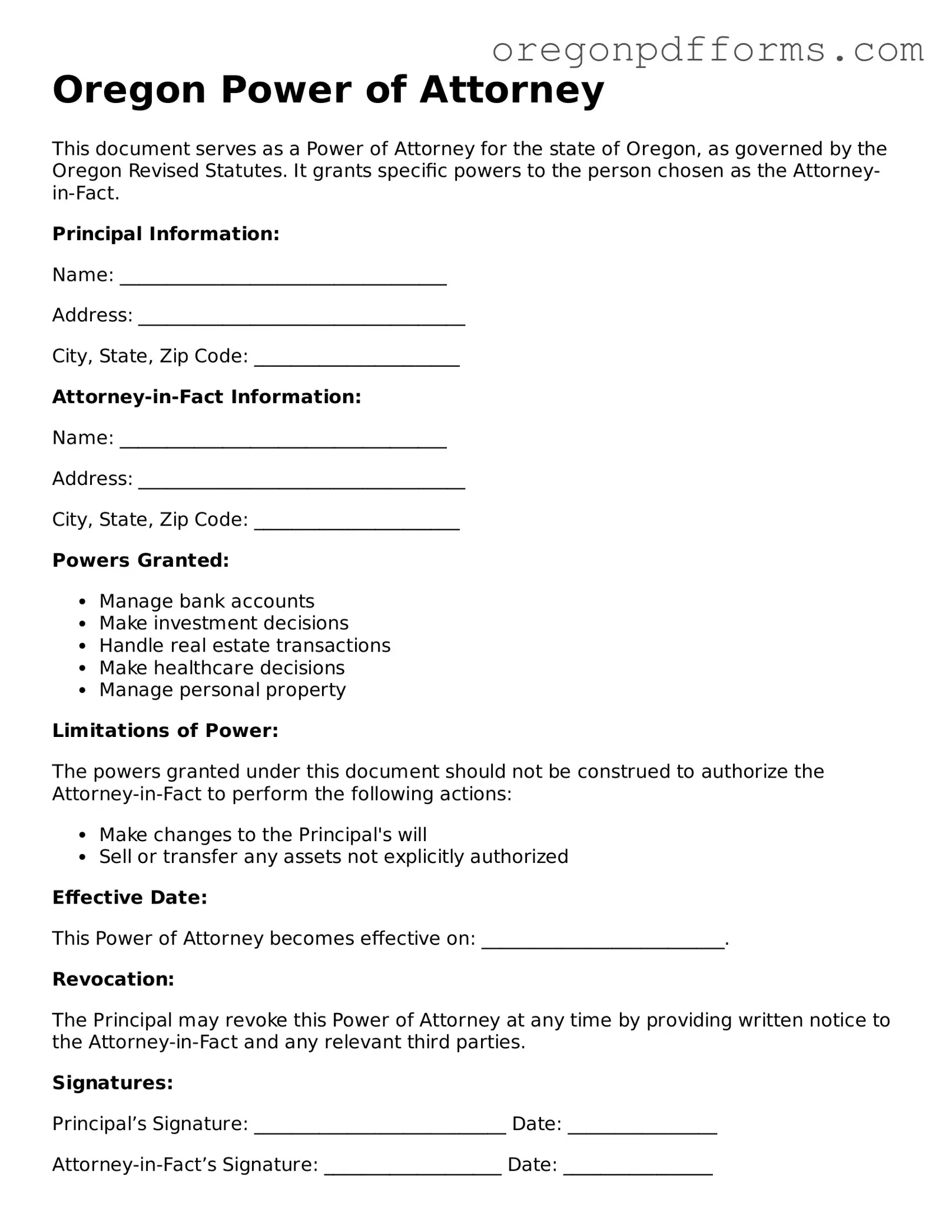 Valid  Power of Attorney Document for Oregon