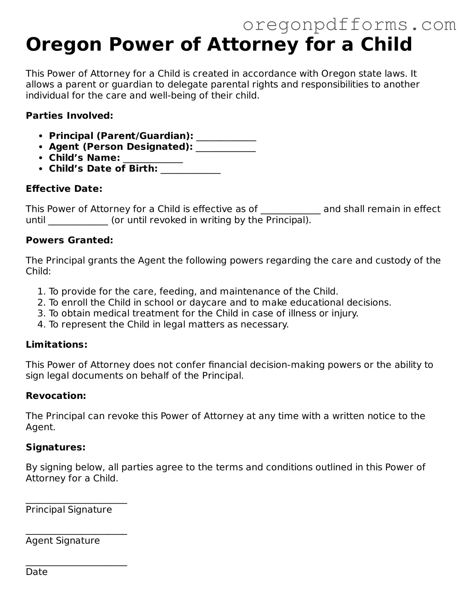 Valid  Power of Attorney for a Child Document for Oregon