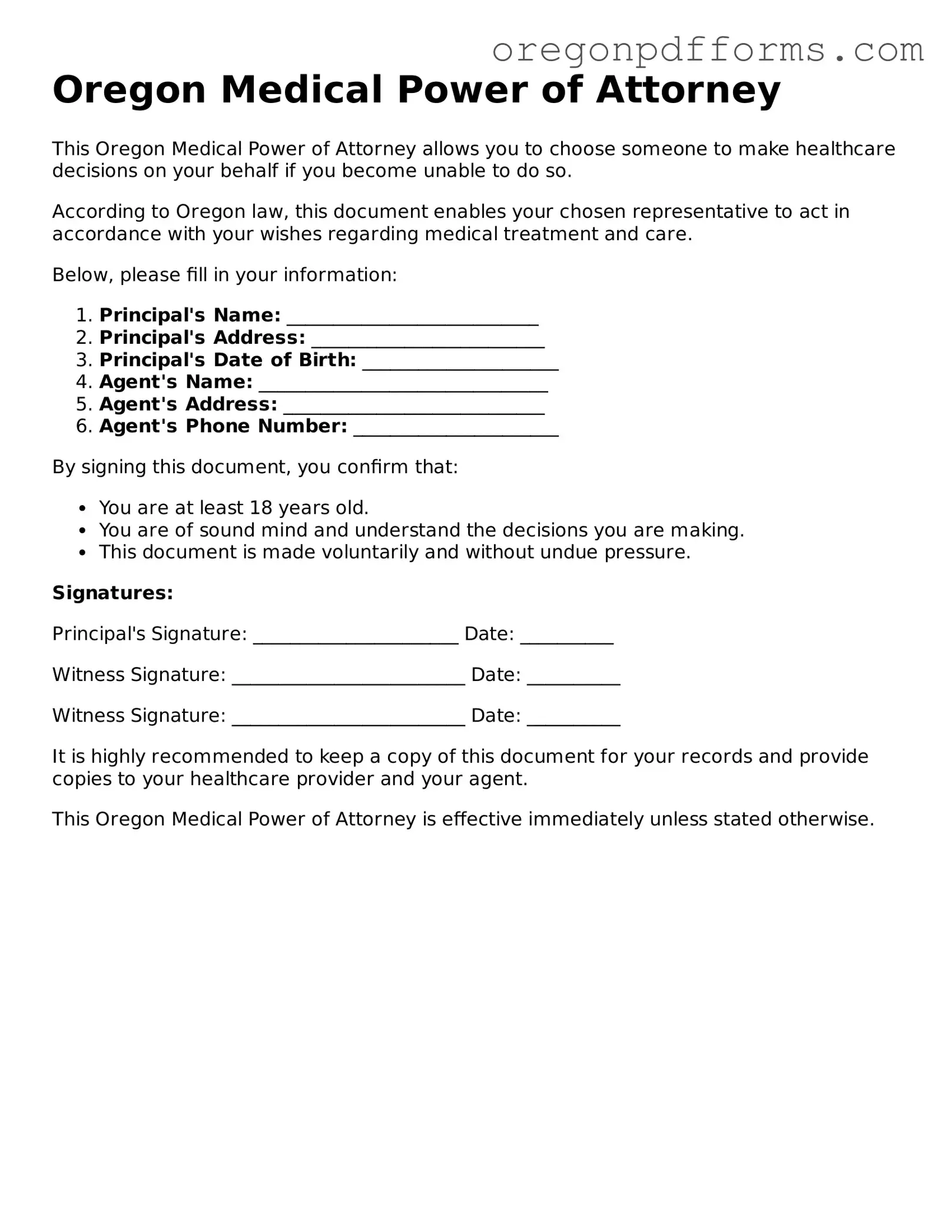 Valid  Medical Power of Attorney Document for Oregon