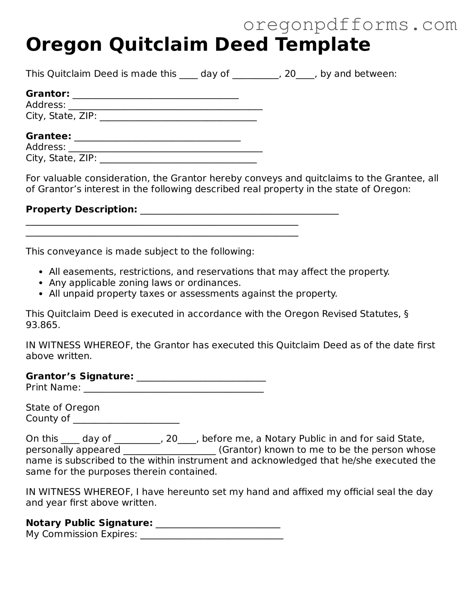 Valid Quitclaim Deed Document for Oregon