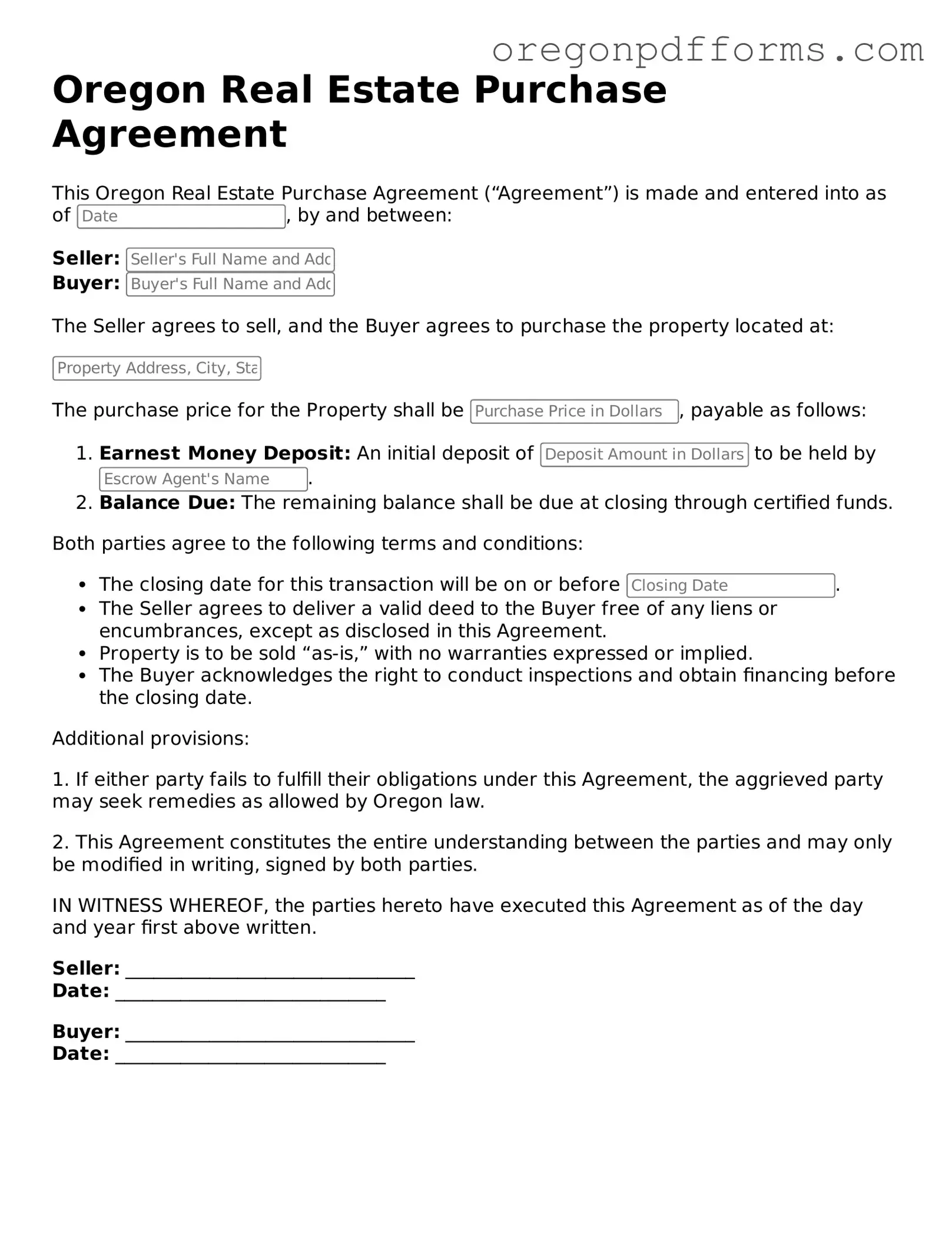 Valid  Real Estate Purchase Agreement Document for Oregon