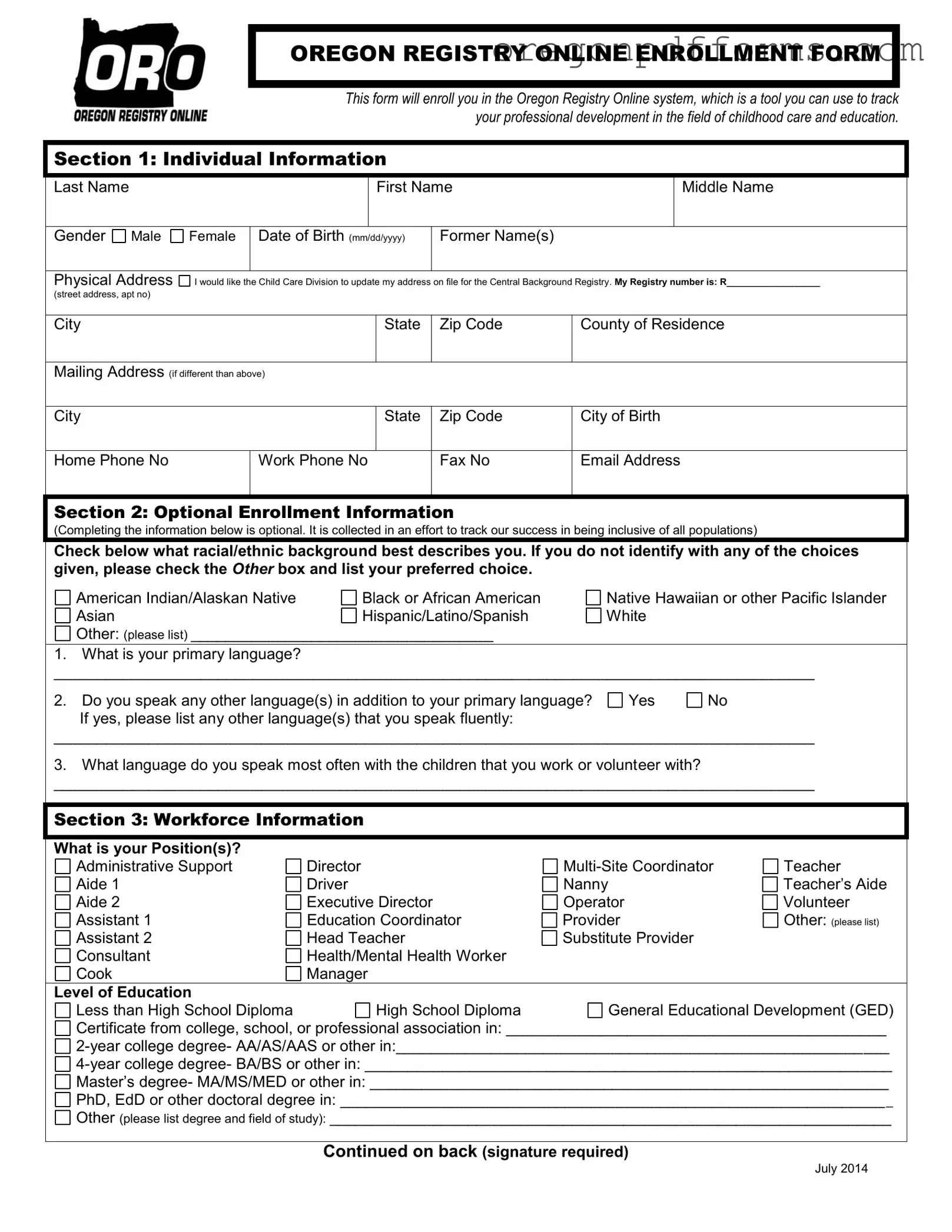 Free Oregon Registry Enrollment Form