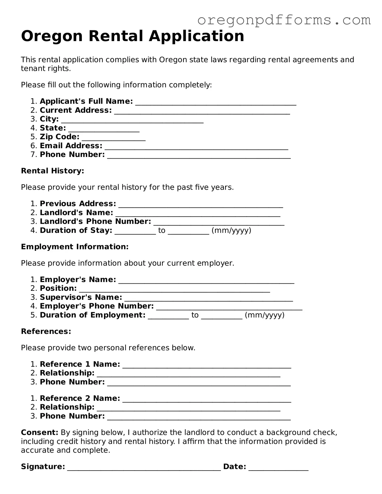 Valid  Rental Application Document for Oregon