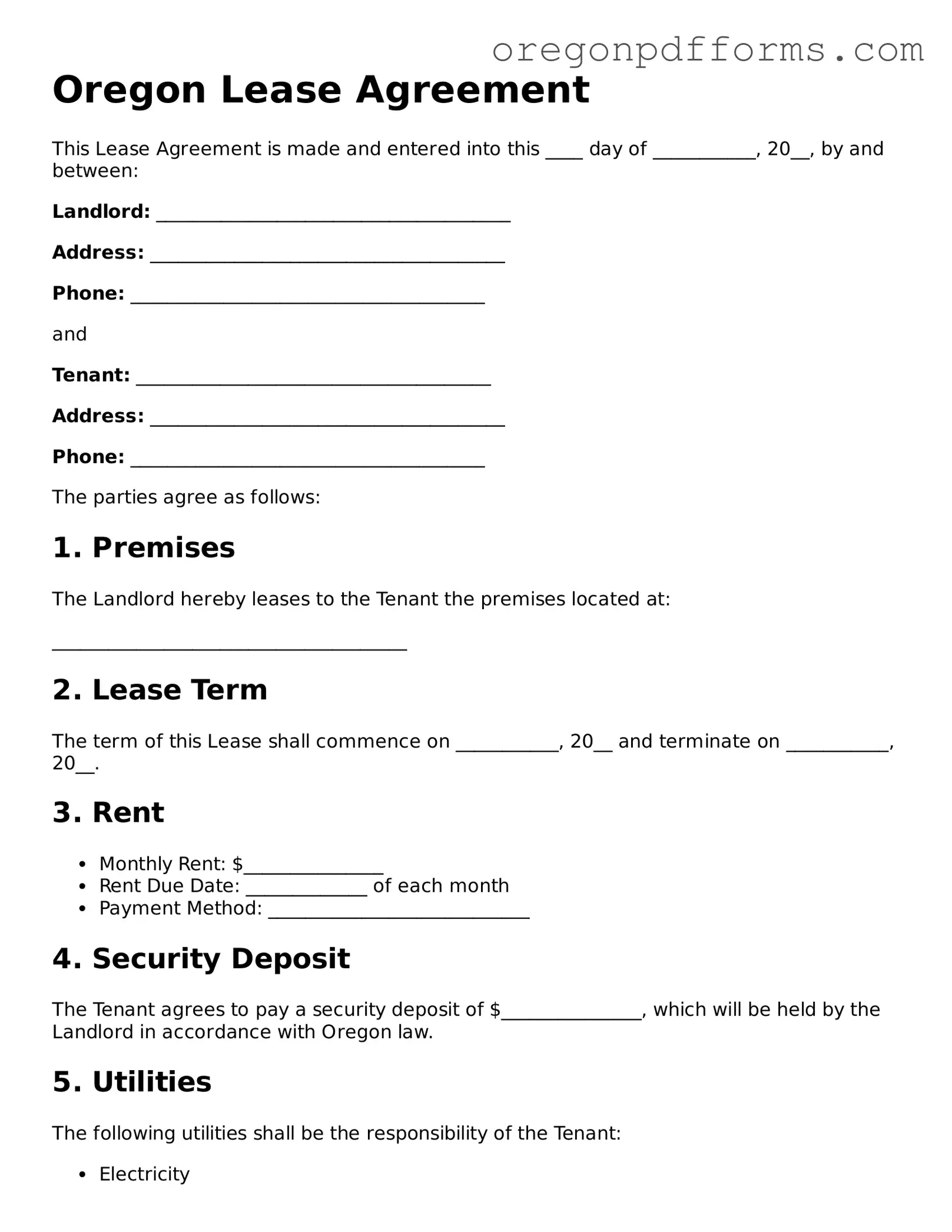 Valid  Lease Agreement Document for Oregon