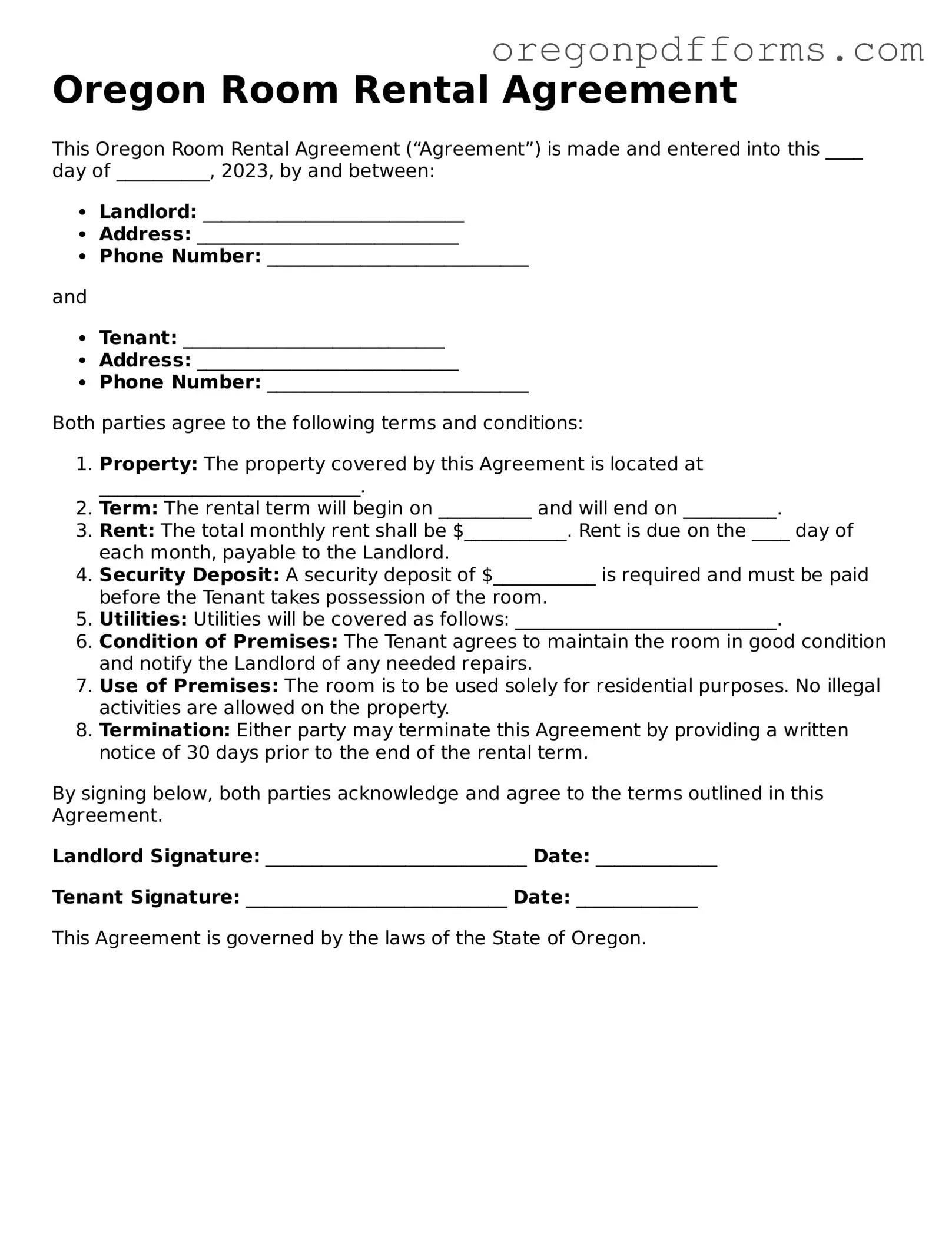 Valid Room Rental Agreement Document for Oregon