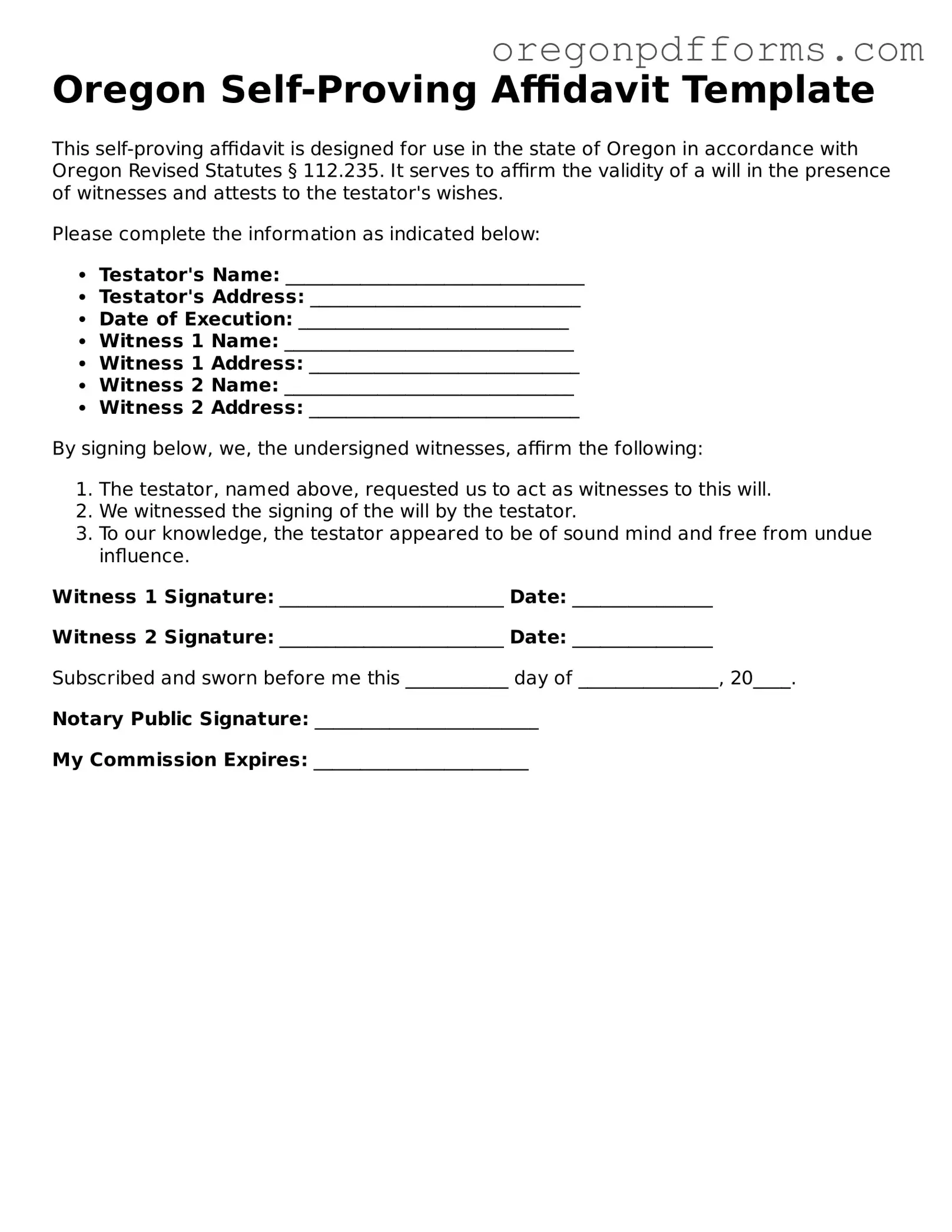 Valid  Self-Proving Affidavit Document for Oregon