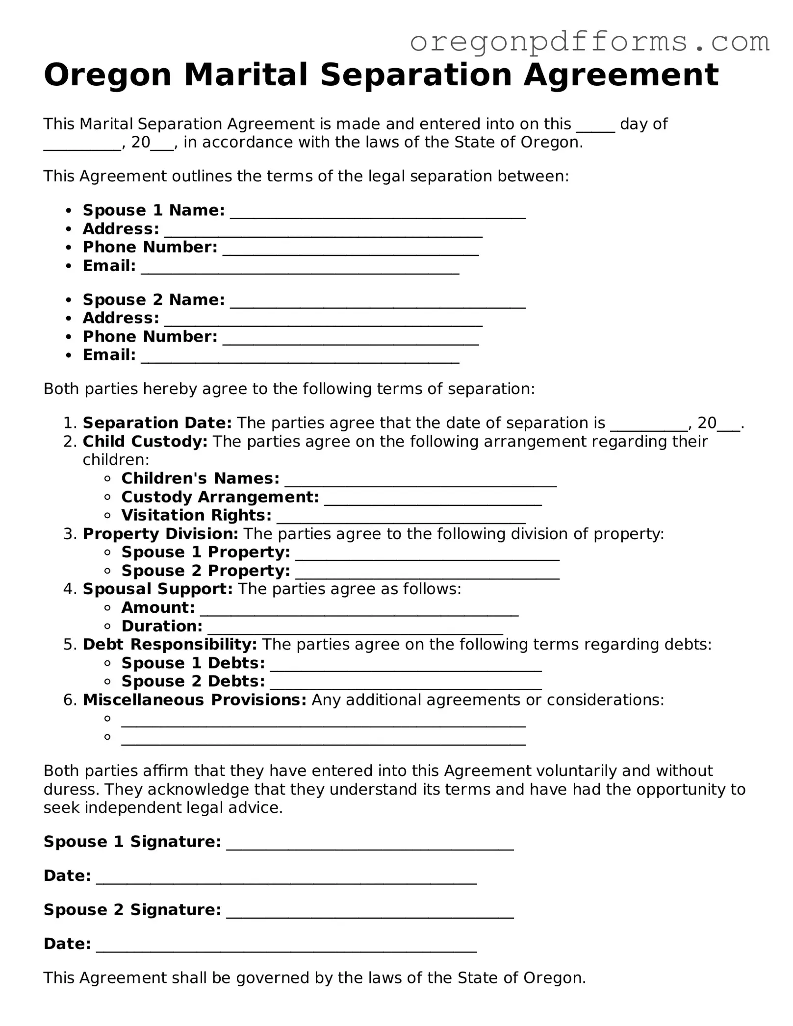 Valid  Marital Separation Agreement Document for Oregon