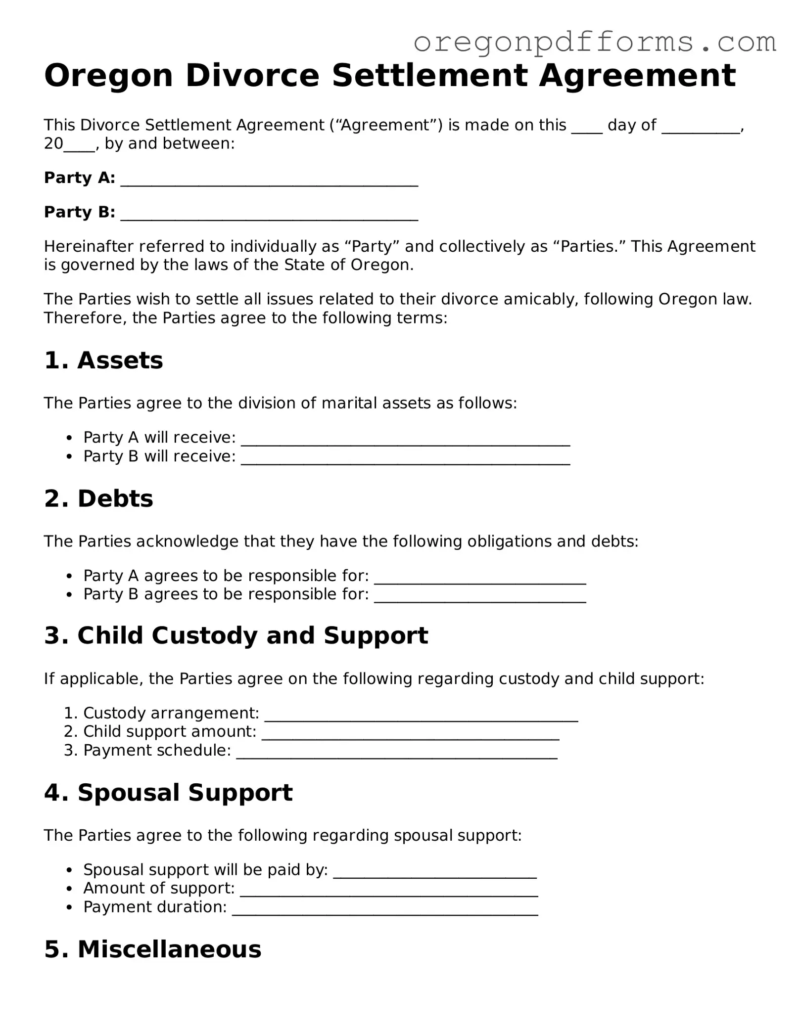 Valid  Divorce Settlement Agreement Document for Oregon