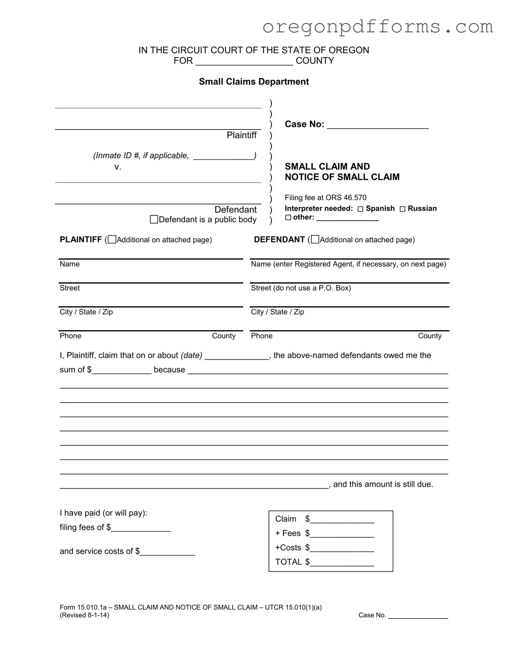 Free Oregon Small Claim Form