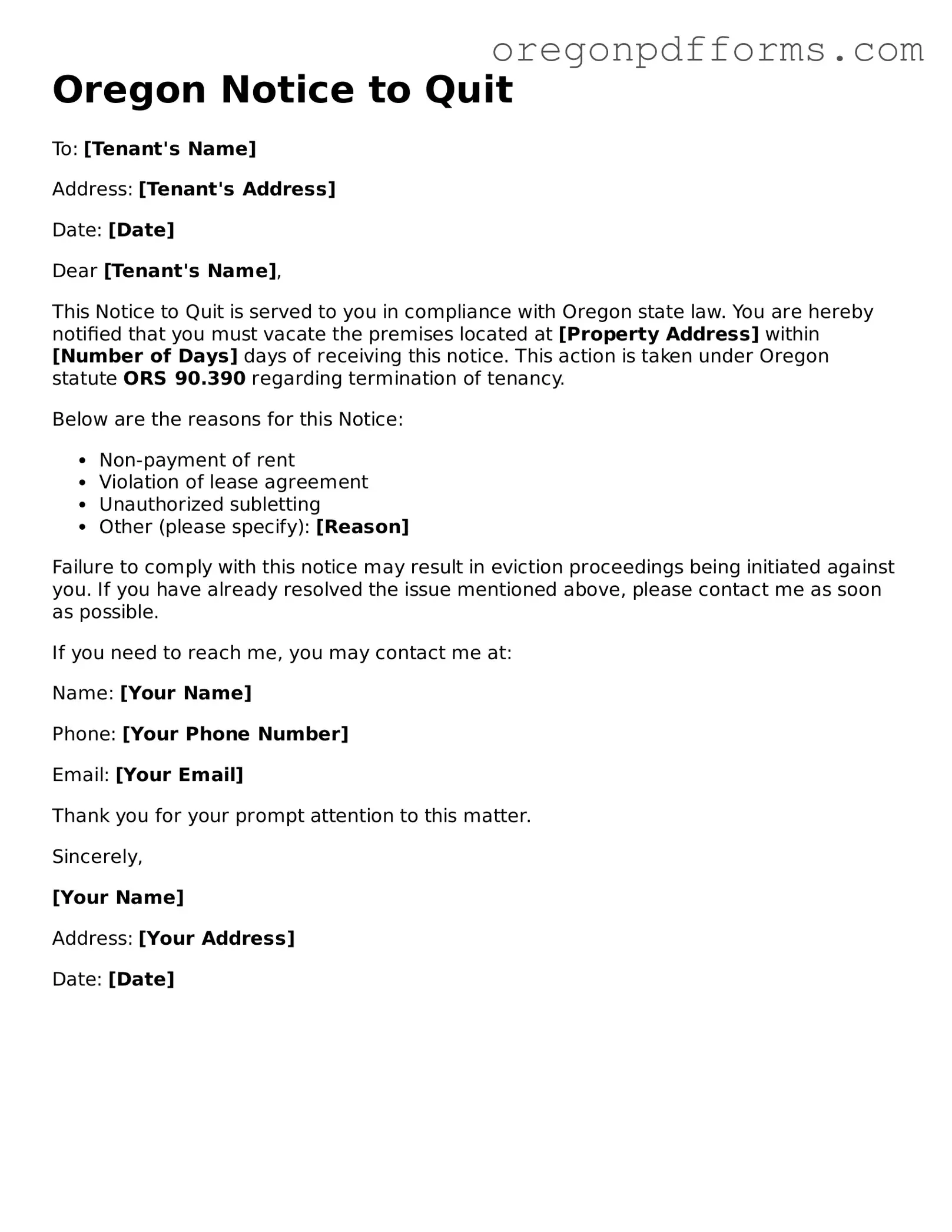 Valid  Notice to Quit Document for Oregon
