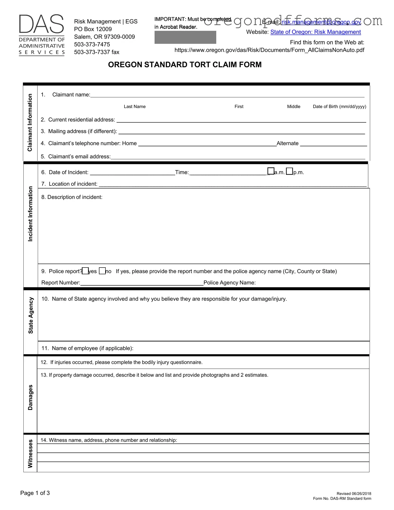 Free Oregon Tort Claim Form