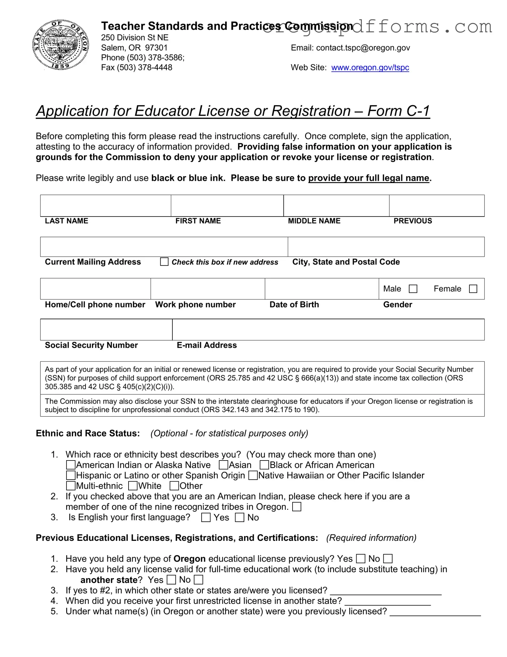 Free Oregon Tspc C 1 Form