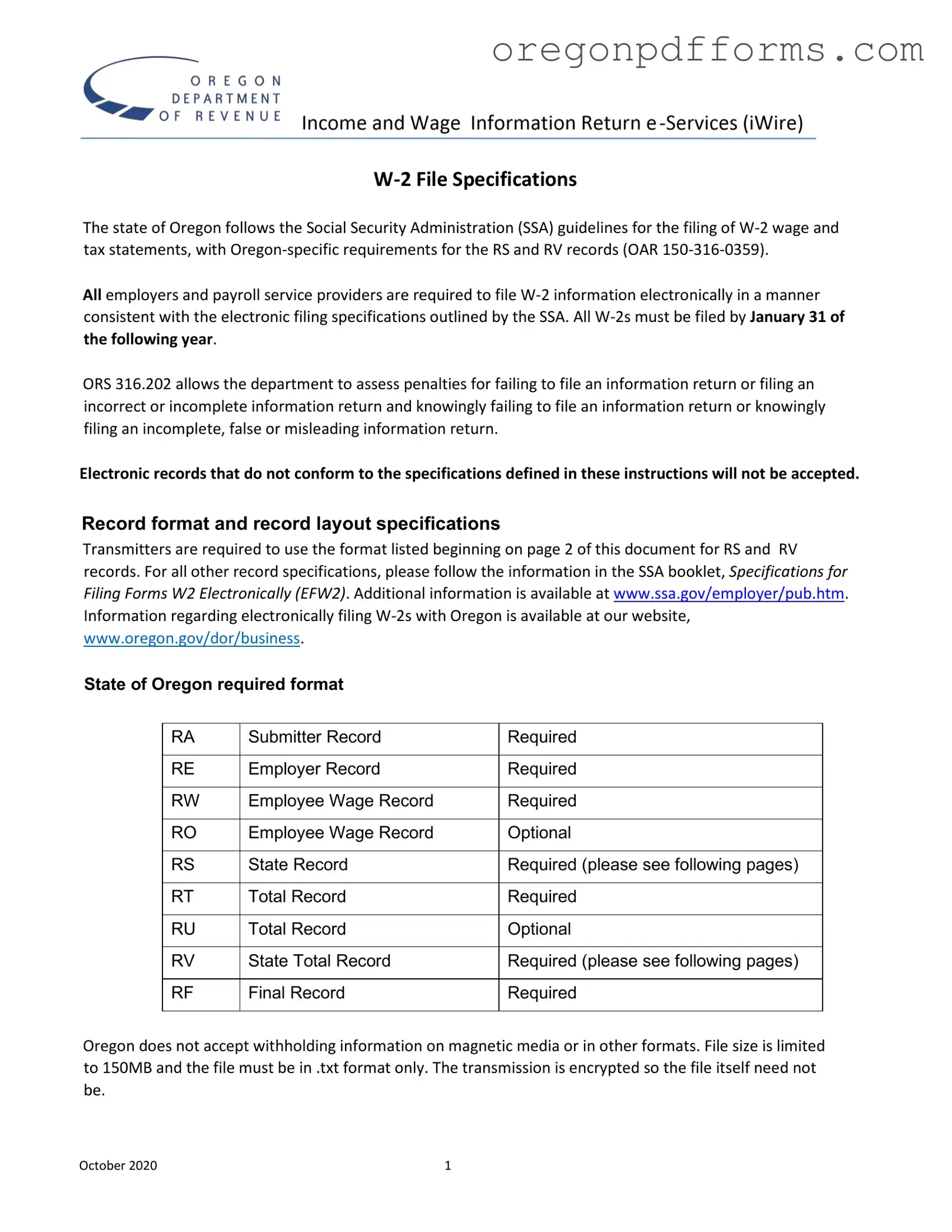 Free Oregon W2 Form